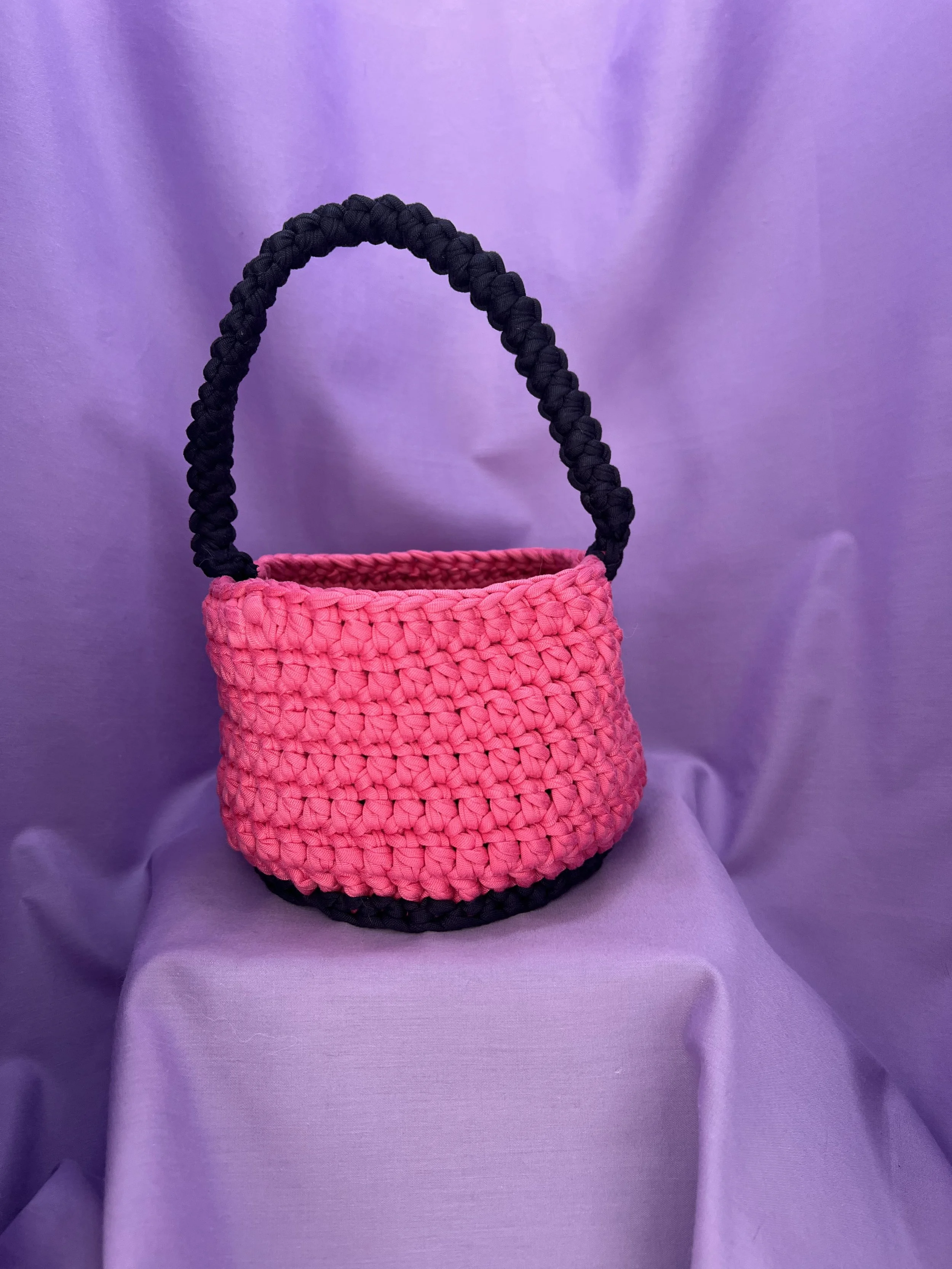 Vibrant Pink & Navy Blue Handmade Crochet Basket