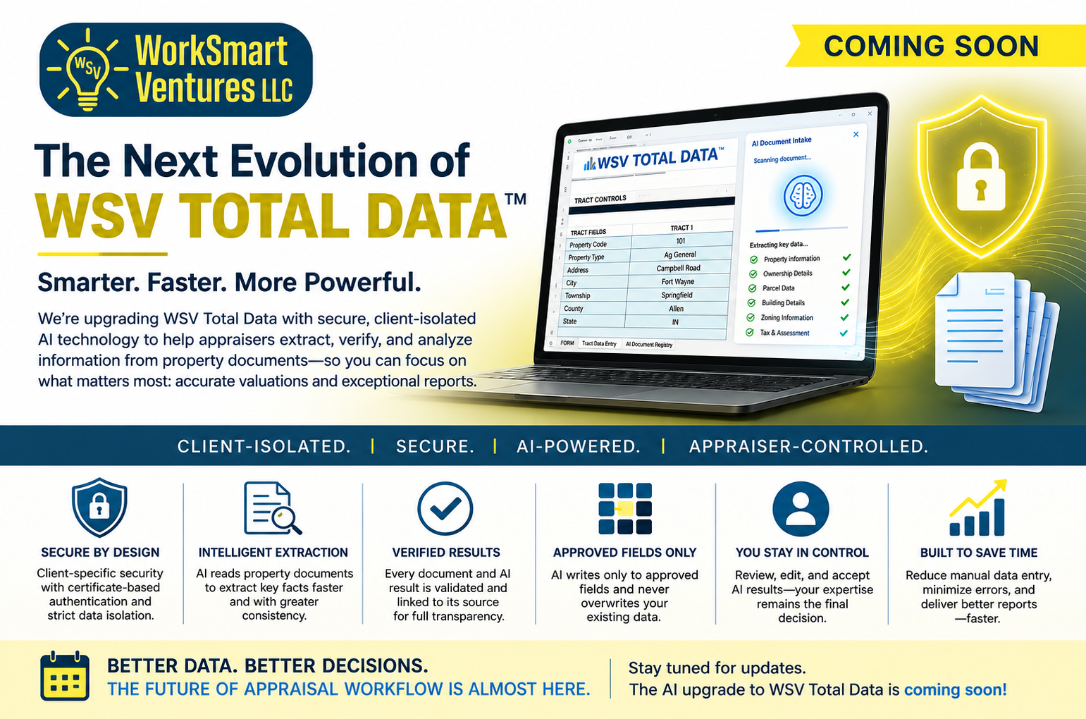 Coming soon announcement for secure AI-powered document extraction and appraiser-controlled review in WSV Total Data.