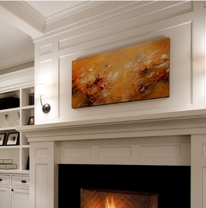 Living room with white built-in shelves and a modern fireplace, with an abstract orange and brown painting above the mantel.