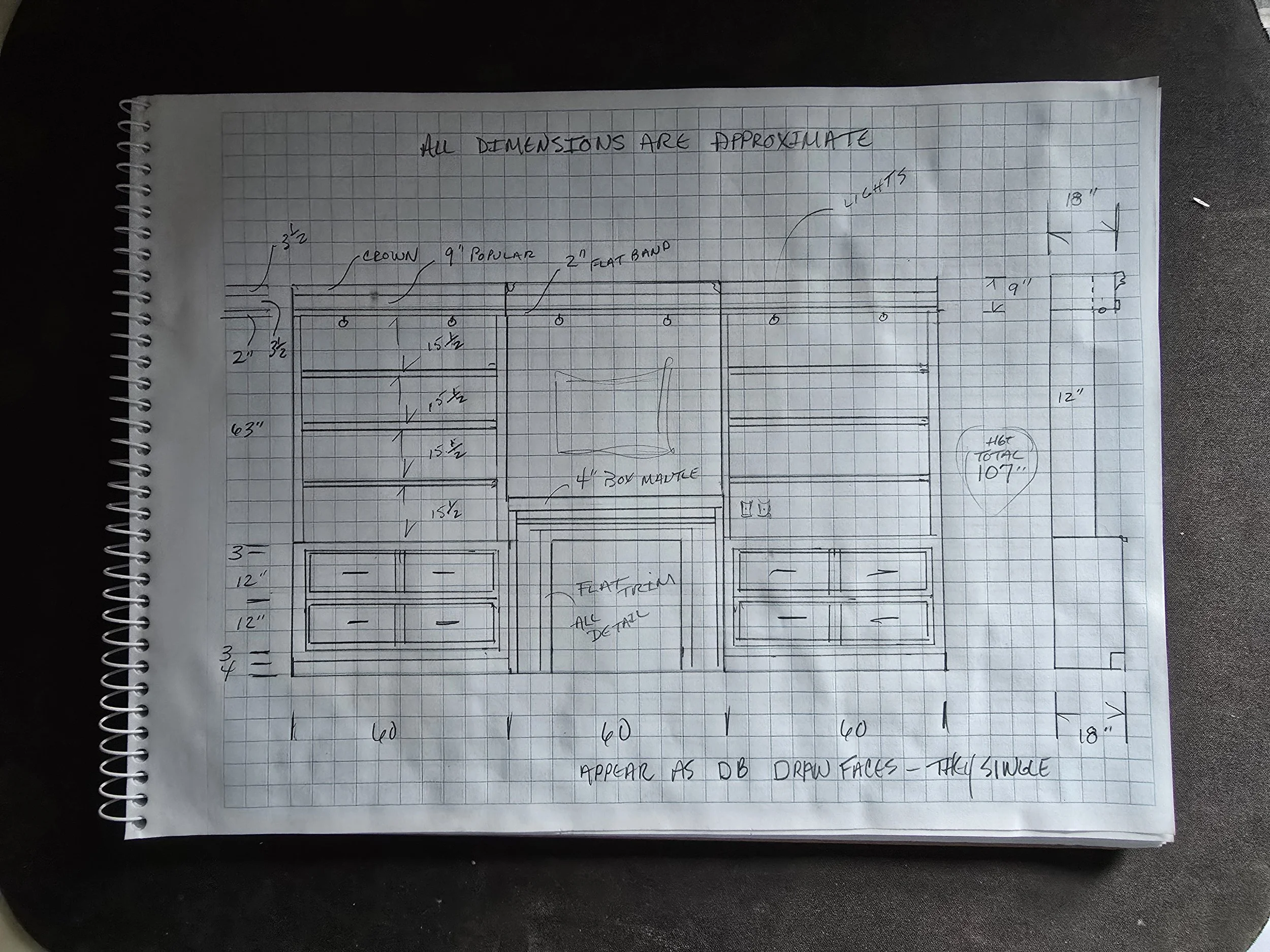  a detailed hand-drawn architectural plan in black ink, including measurements and labels for different sections of a structure, with some notes and dimensions written around the diagram.