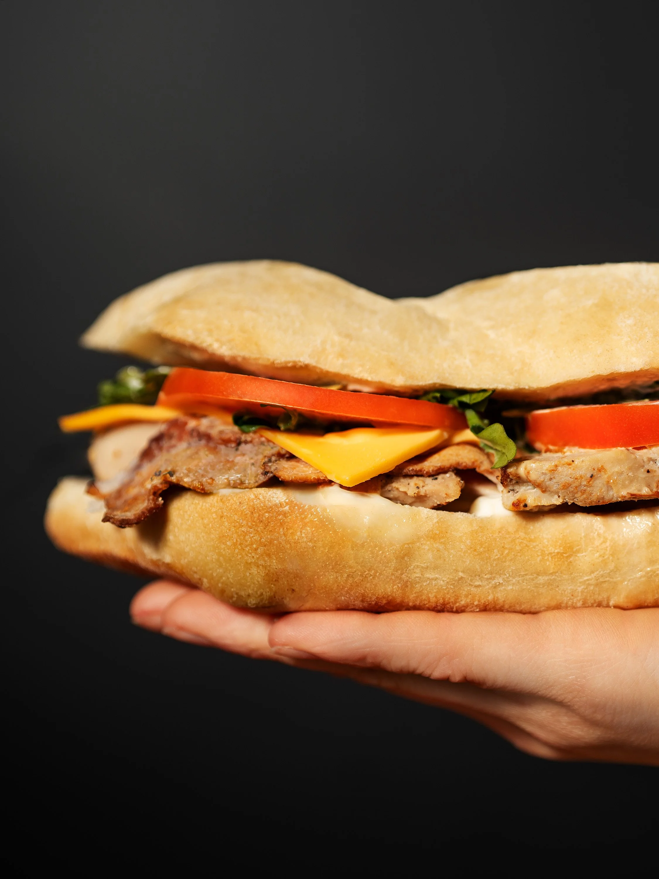 Close-up of a hand holding a sub sandwich with sliced tomatoes, lettuce, cheese, and grilled meat in a baguette-style bun against a dark background.