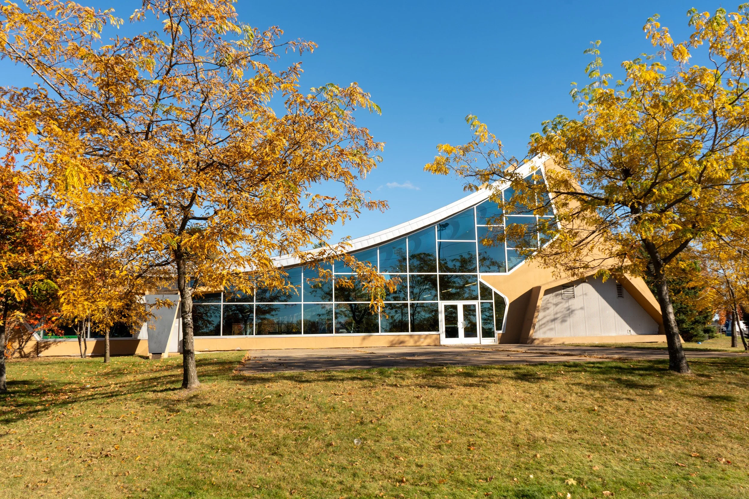 A modern building with glass windows and a angular white roof, partially obscured by trees with yellow leaves, under a blue sky.