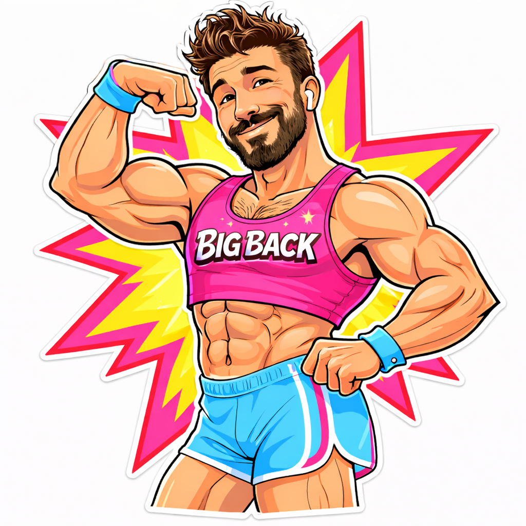 Big Back Bodybuilder mascot flexing arms
