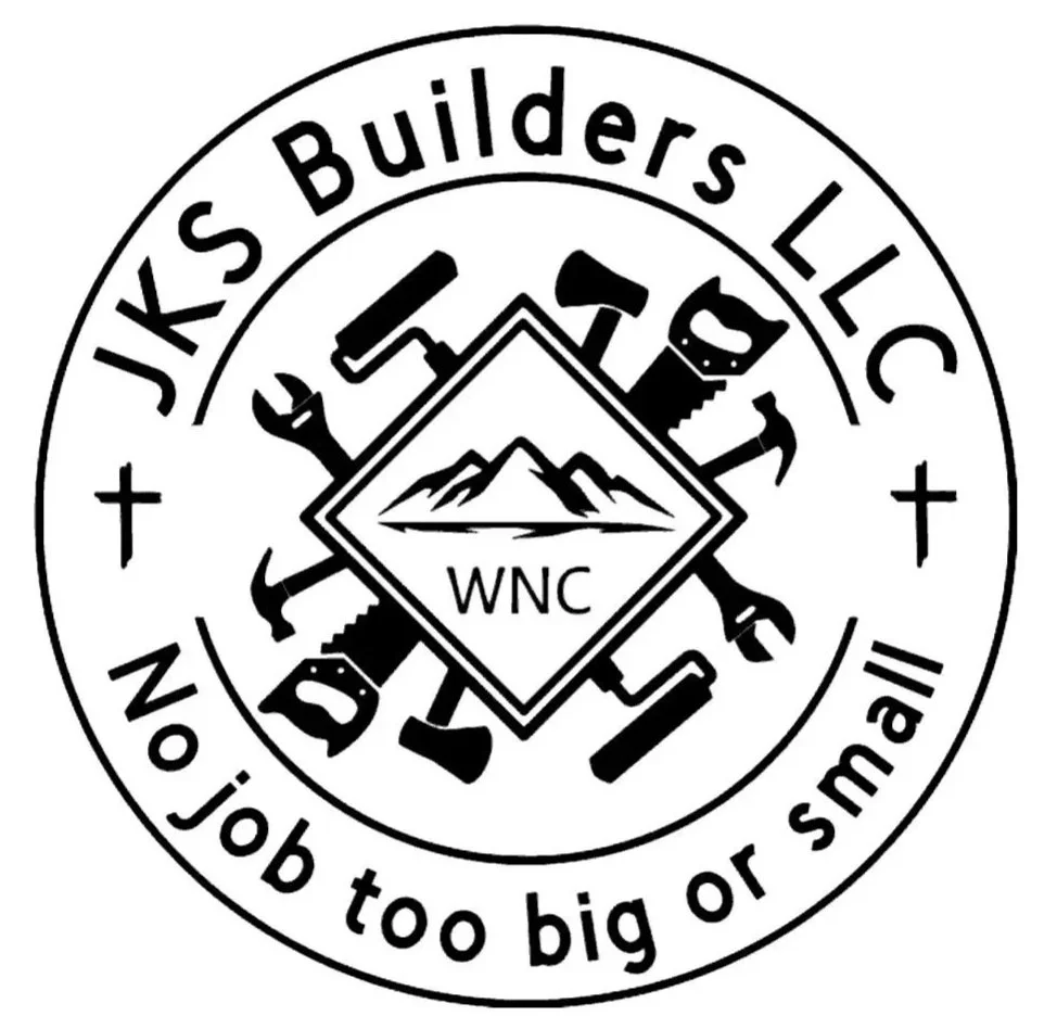 Logo of JKS Builders LLC with construction tools and mountain graphic, and the slogan 'No job too big or small' located in Western North Carolina