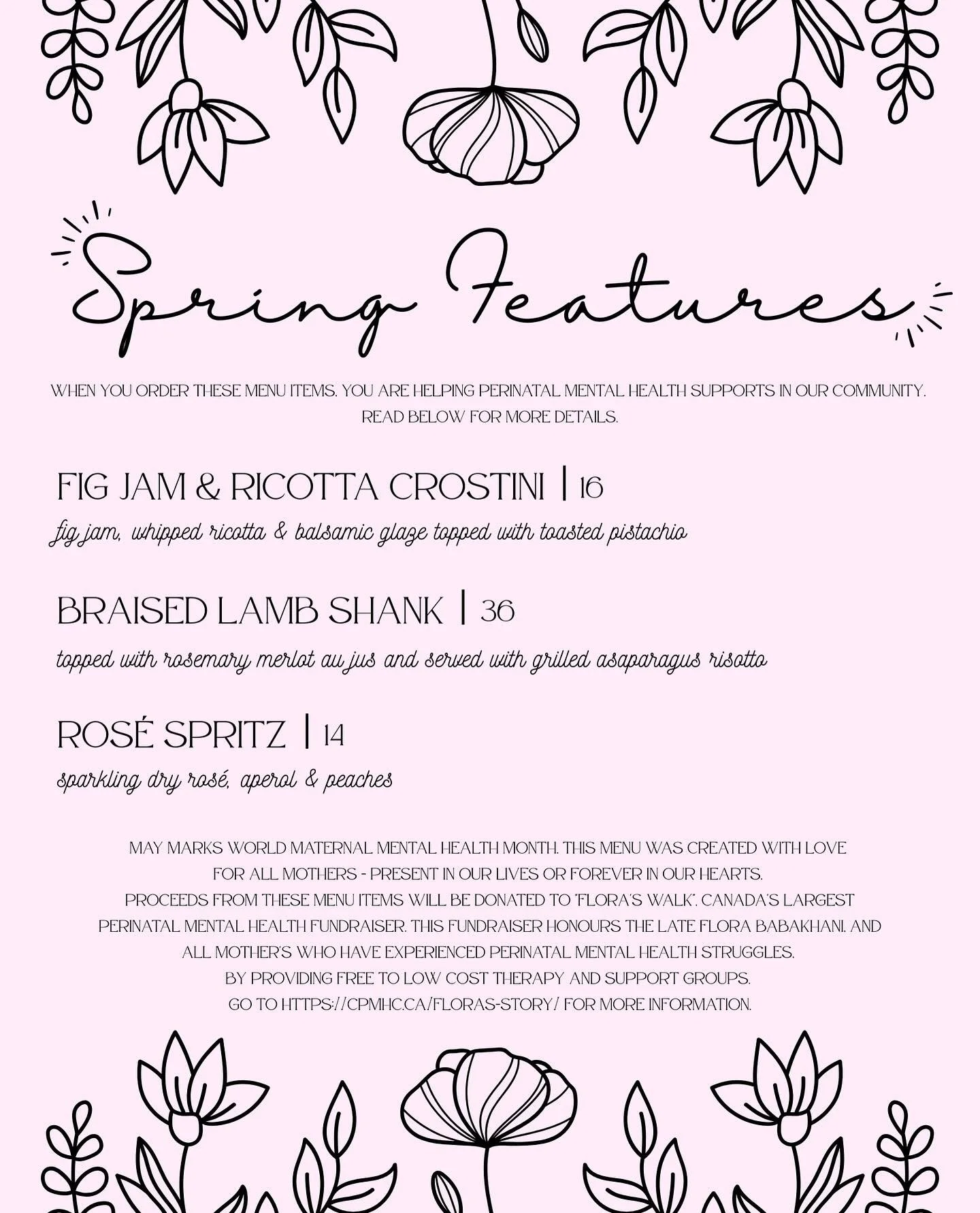 Our Spring Features continue at our Westdale location! 

Crafted with care and inspired by every kind of mom. Each dish supports perinatal mental health through Flora&rsquo;s Walk. Thoughtfully made, with purpose behind every bite we&rsquo;d love to 