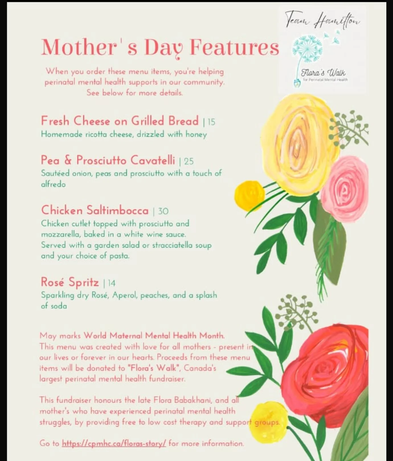 Celebrate Mom with a menu made with love
This Mother&rsquo;s Day, enjoy our featured dishes and sip something special &mdash; all while supporting perinatal mental health through Flora&rsquo;s Walk. Every bite gives back.
Available now through Sunday