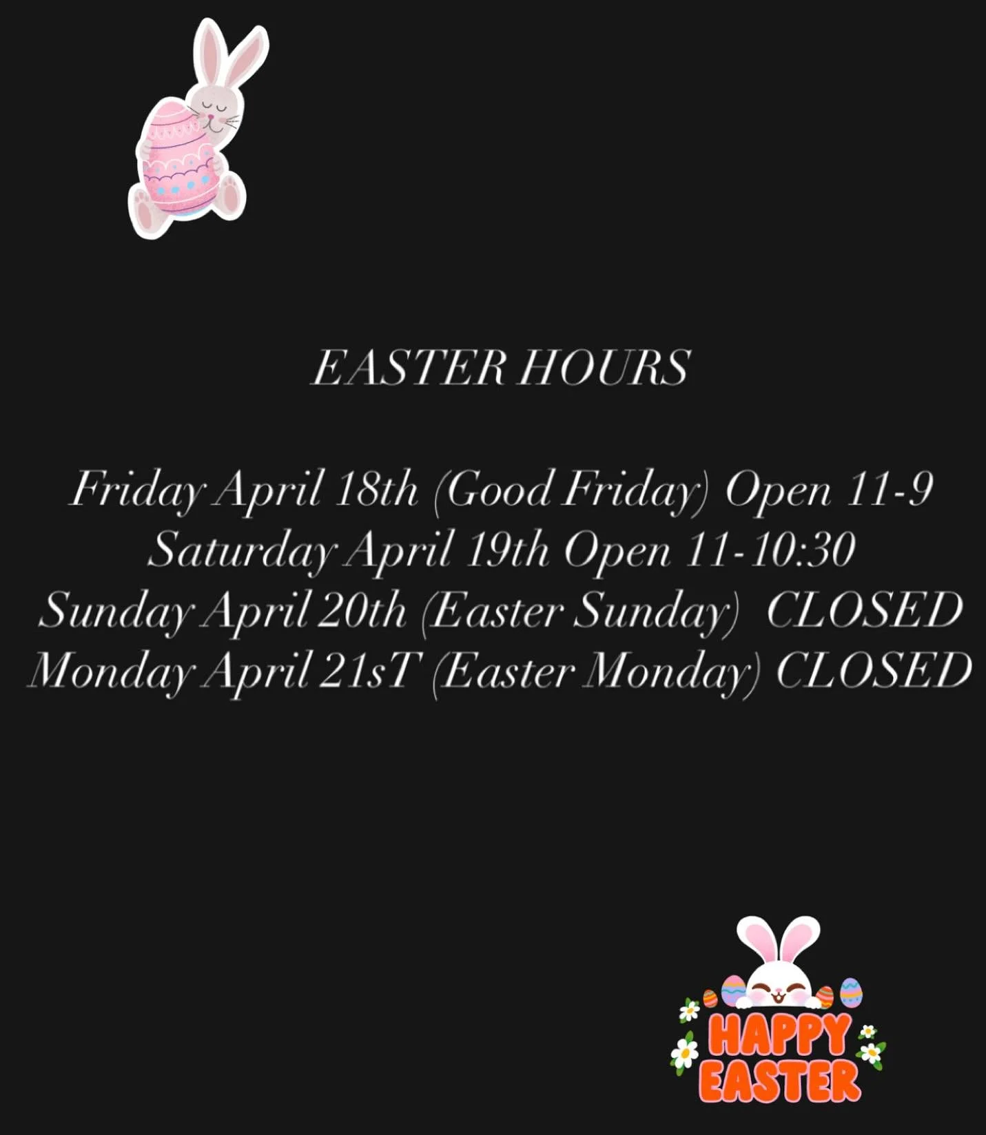 Wishing everyone a Happy Easter from the Valentino&rsquo;s family! 🩵🩷

Here are our hours for this holiday weekend at both locations! 

#easterhours #valentinos #westdale #paramount #italian #hamont #localbusiness #restaurant #happyeaster