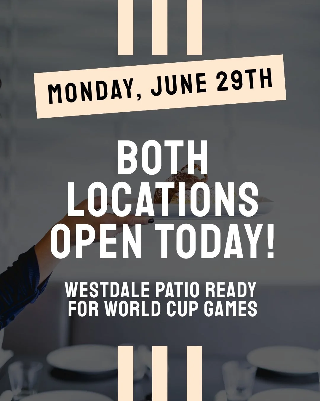 We are open today! Beat the heat, eat some grub, enjoy the games.
#worldcup #open #hamont #valstogo #patiodrinks #italianfood #eatlocal