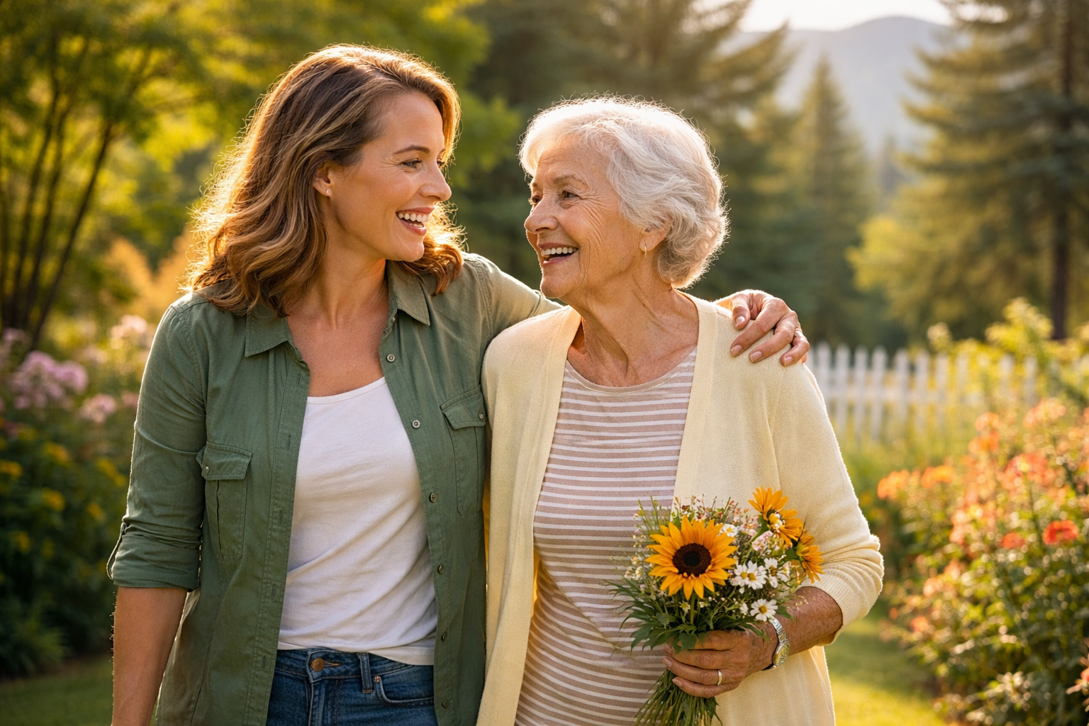 A young woman and an elderly woman smiling and hugging outdoors in a garden during sunset, with the elderly woman holding a bouquet of sunflowers and daisies.
