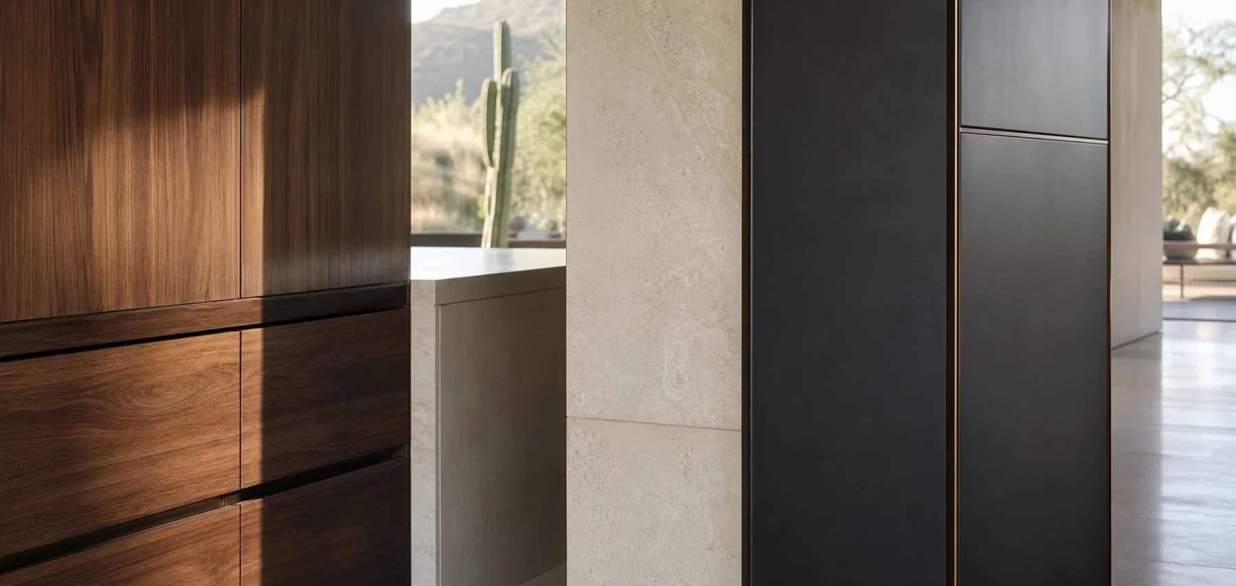 Walnut cabinetry, ivory stone, and charcoal architectural surface material study for a Scottsdale interior