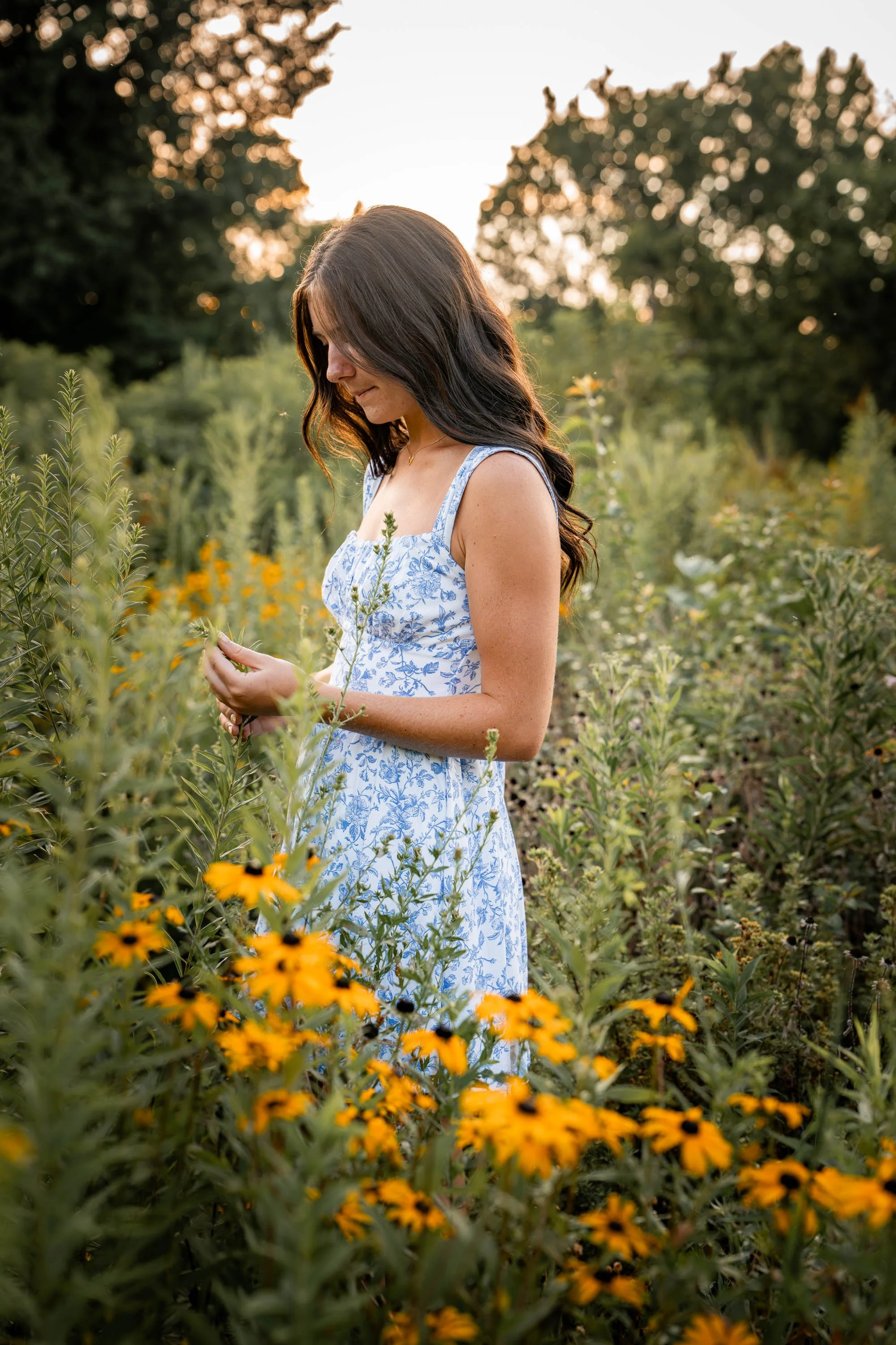 a girl in a blue and white dress stands among the yellow daisies admiring them at Wegerzyn Gardens in Dayton