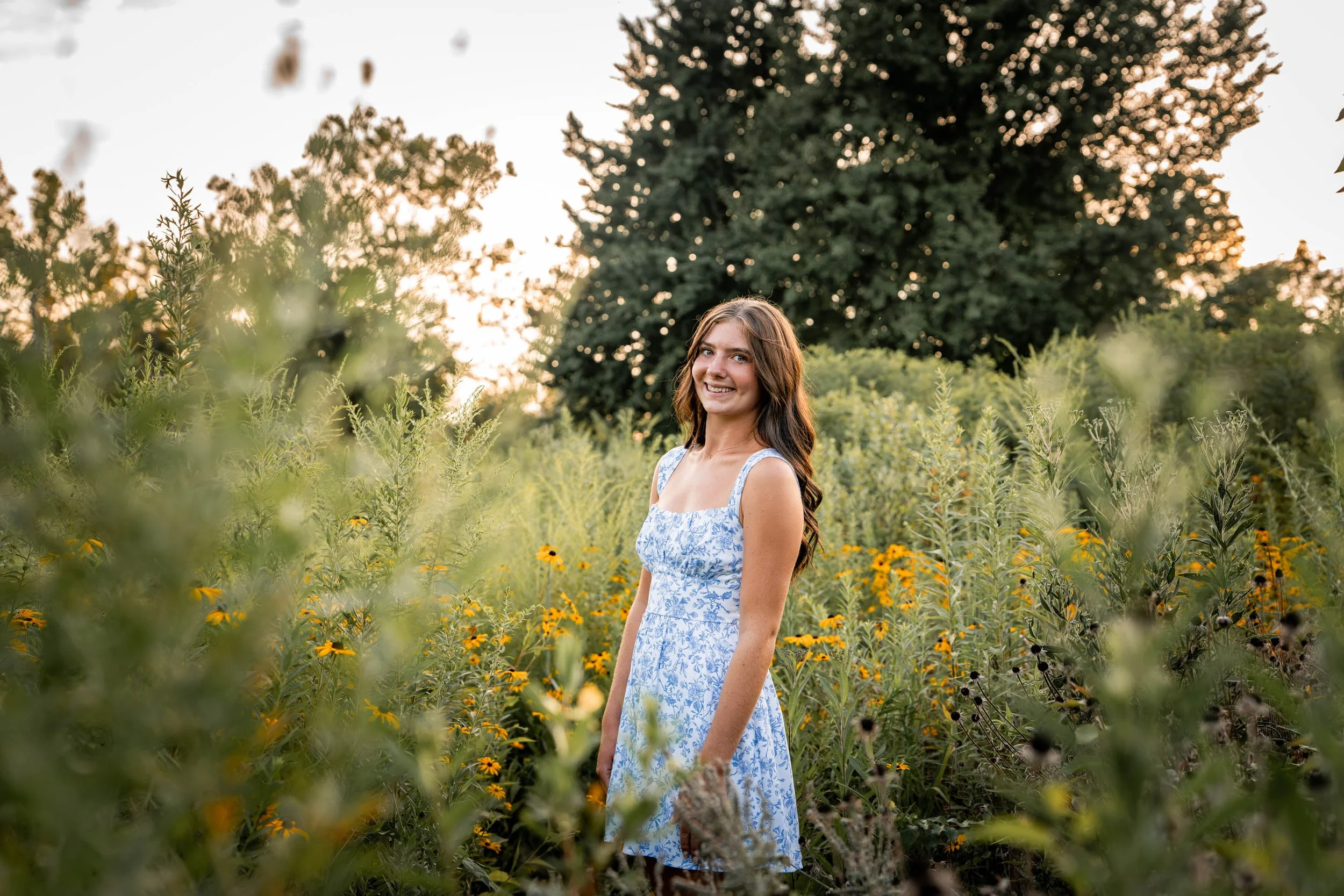 a girl in a blue and white dress stands in a wildflower field