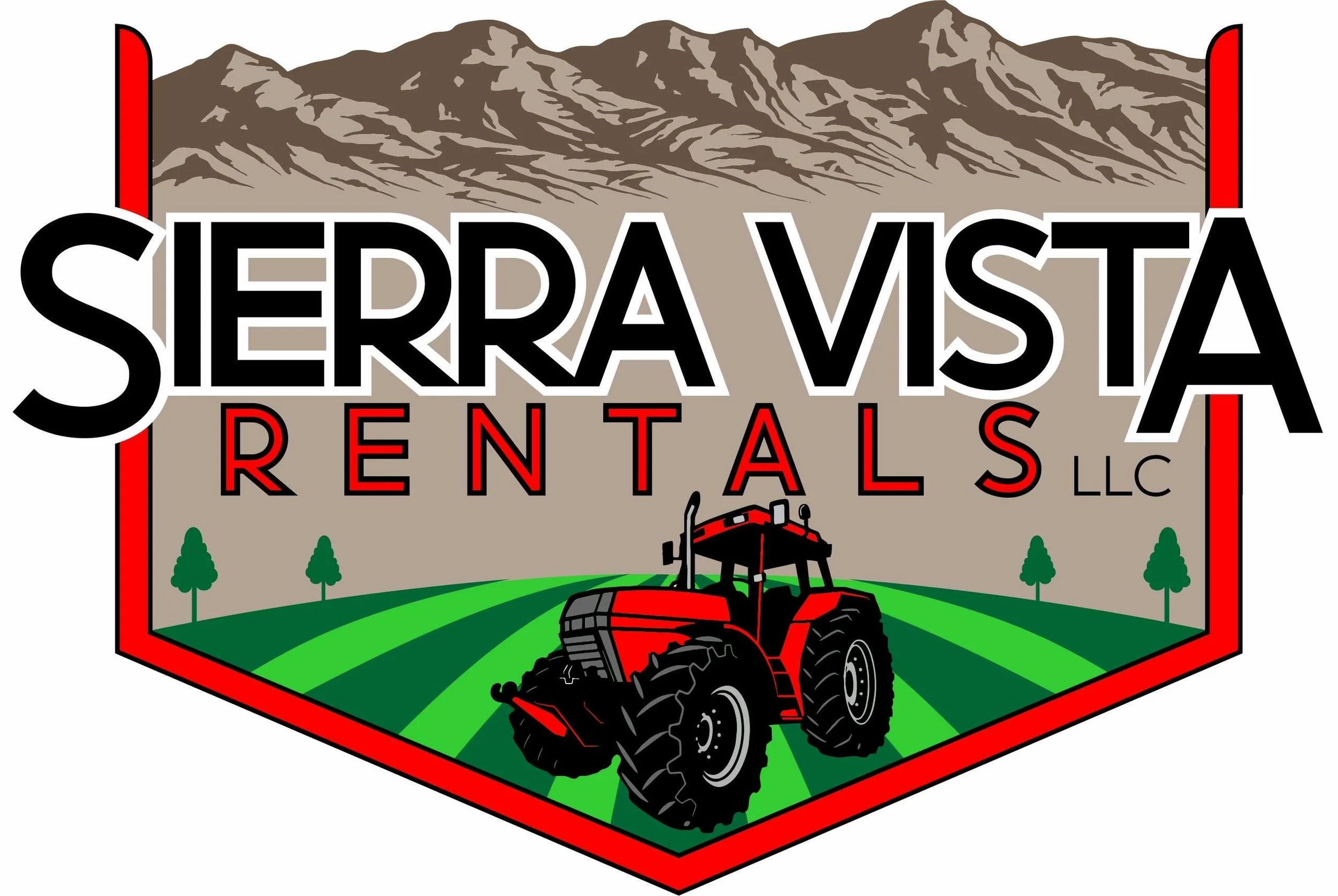 Logo for Sierra Vista Rentals LLC featuring mountains, a tractor, green fields, and trees.