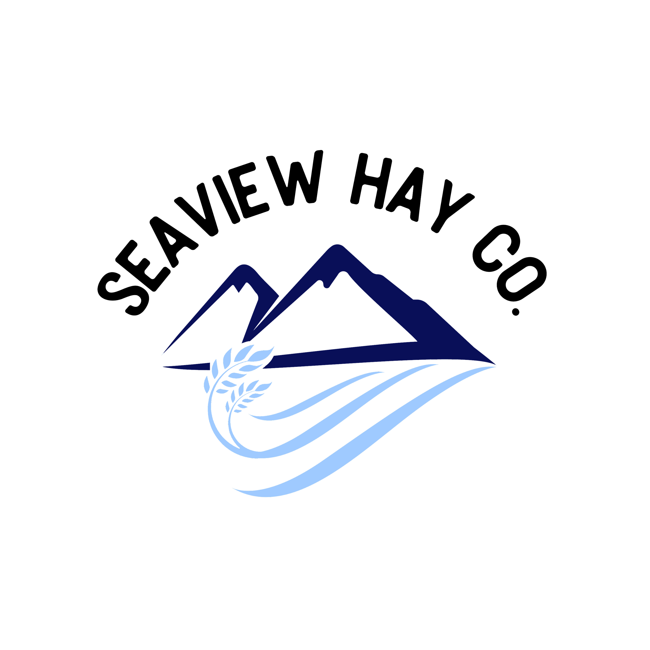 Logo for Seaview Hay Co., featuring stylized mountains, flowing lines representing water or fields, and wheat, with the company name curved above.