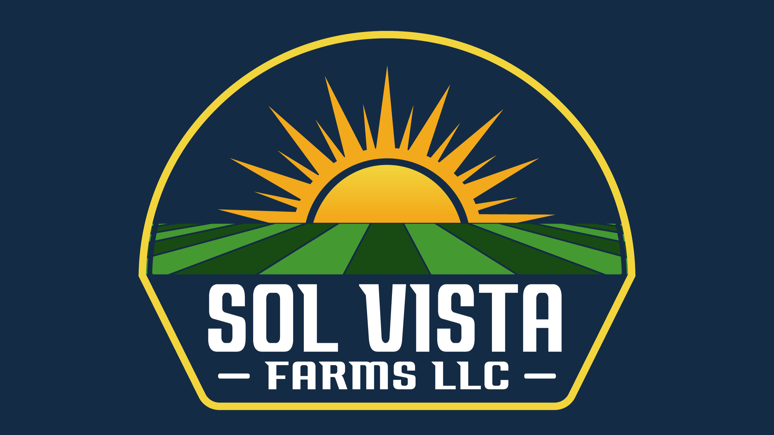Logo with a stylized landscape of green fields under a yellow sun with rays, and the text "SOL VISTA FARMS LLC" in bold white letters.