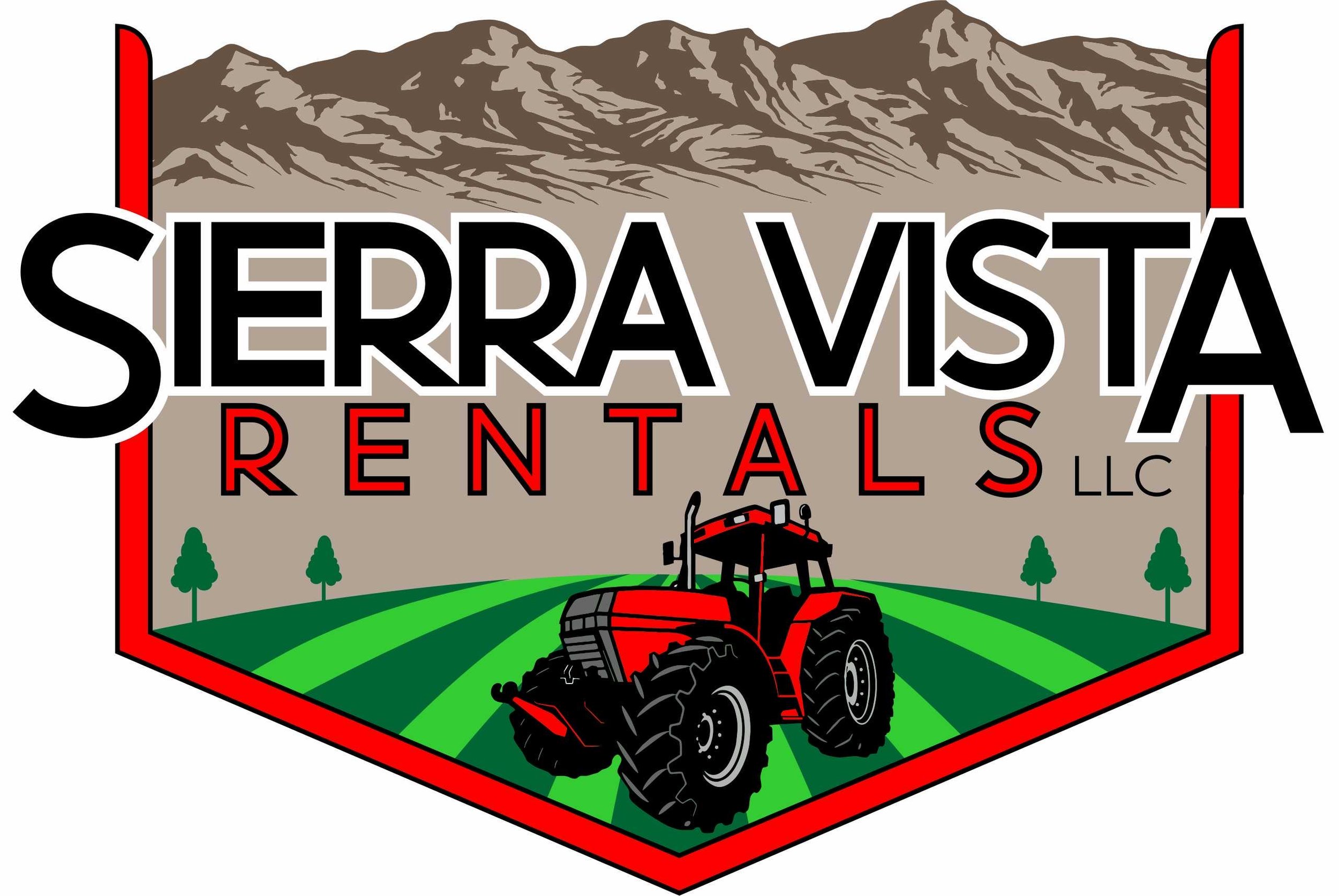 Logo for Sierra Vista Rentals LLC featuring mountain range, green fields, trees, and a red tractor.