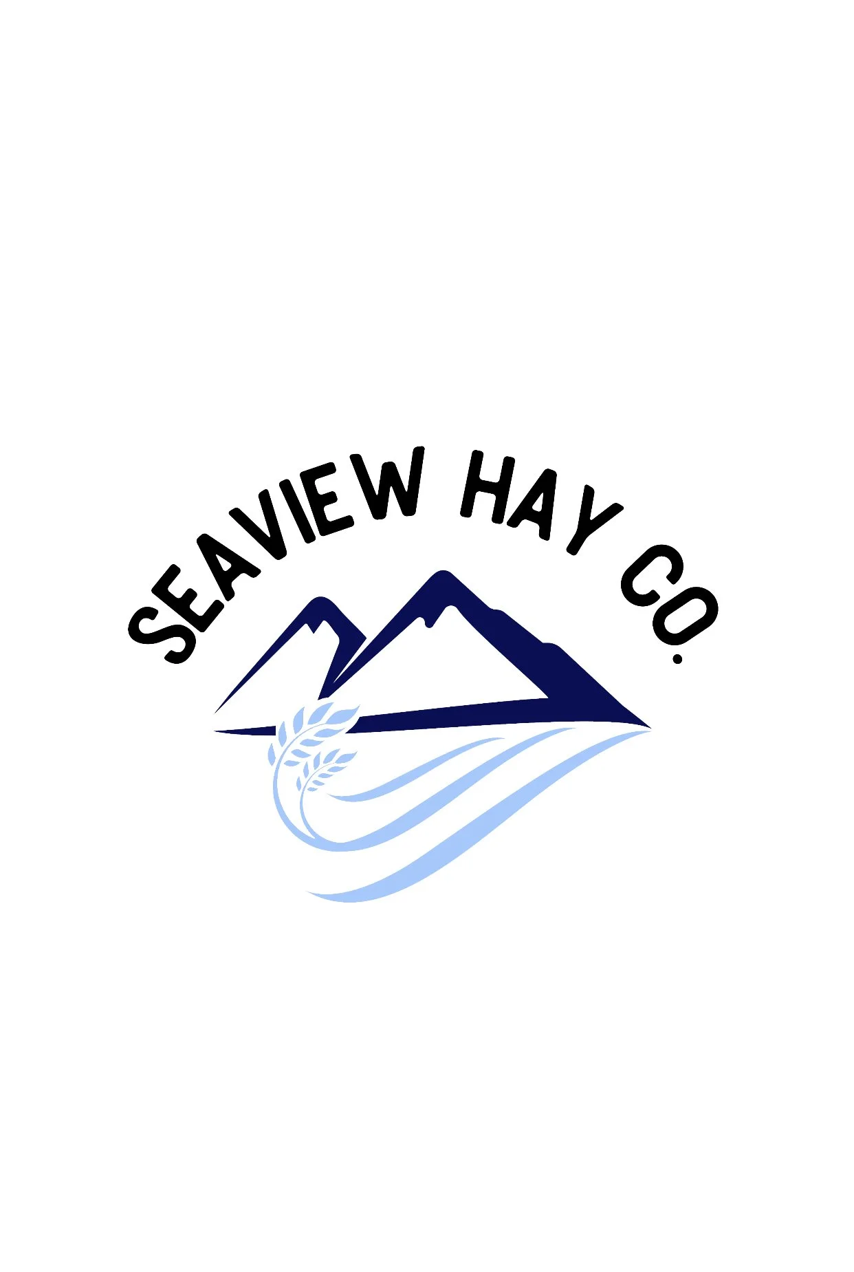 Logo for Seaview Hay Co. featuring stylized blue mountains and waves with black curved text.
