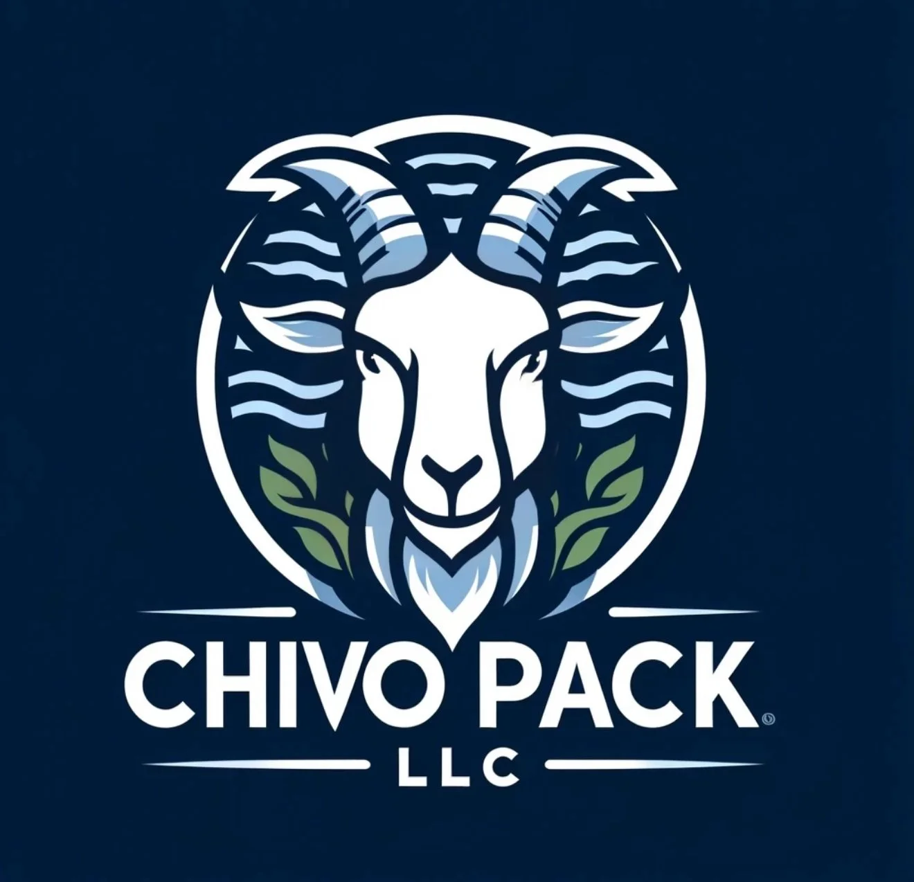 Logo featuring a stylized goat's head with curls and lines, surrounded by a circular border, above the text 'Chivo Pack LLC' on a dark background.