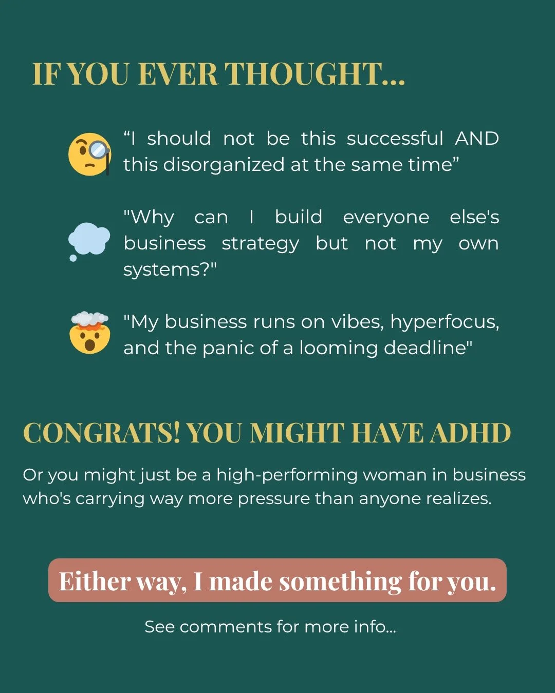 ADHD Business Solutions &mdash; a membership for women tired of running their business or career on constant pressure.

This is for you if:

✅ You built this for freedom but became the bottleneck everywhere 

✅ Everything requires you to hold it toge