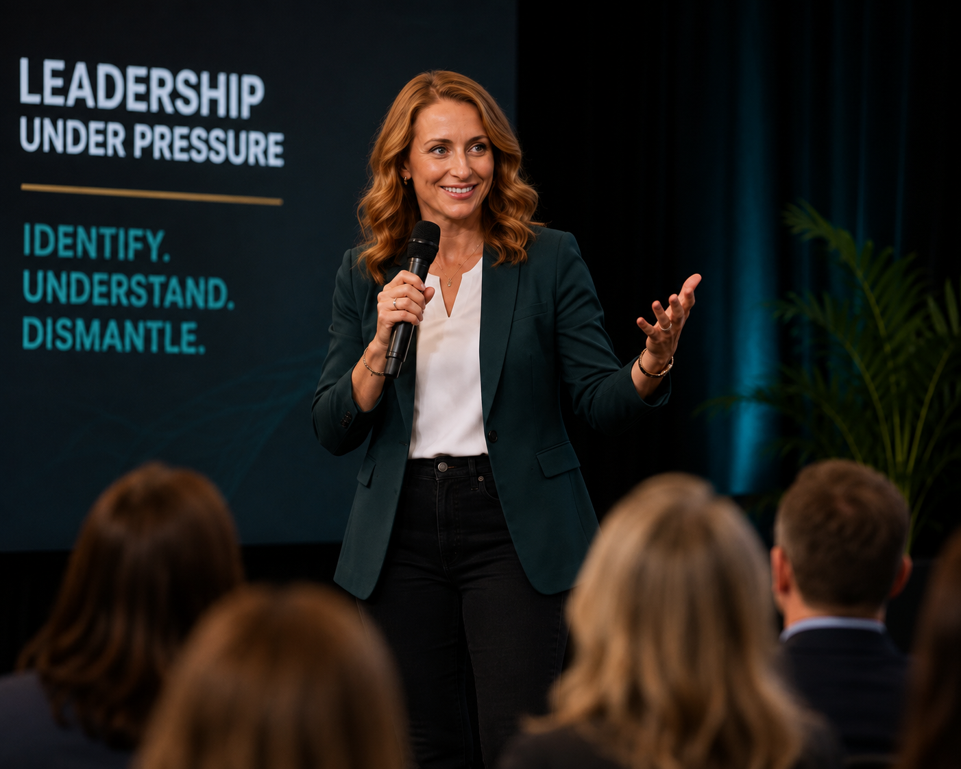 A woman in a dark blazer and white blouse giving a presentation on leadership under pressure. She is holding a microphone and gesturing with her right hand. Audience members are visible in the foreground, and a large screen behind her displays the words 'LEADERSHIP UNDER PRESSURE' and 'IDENTIFY. UNDERSTAND. DISMANTLE.'