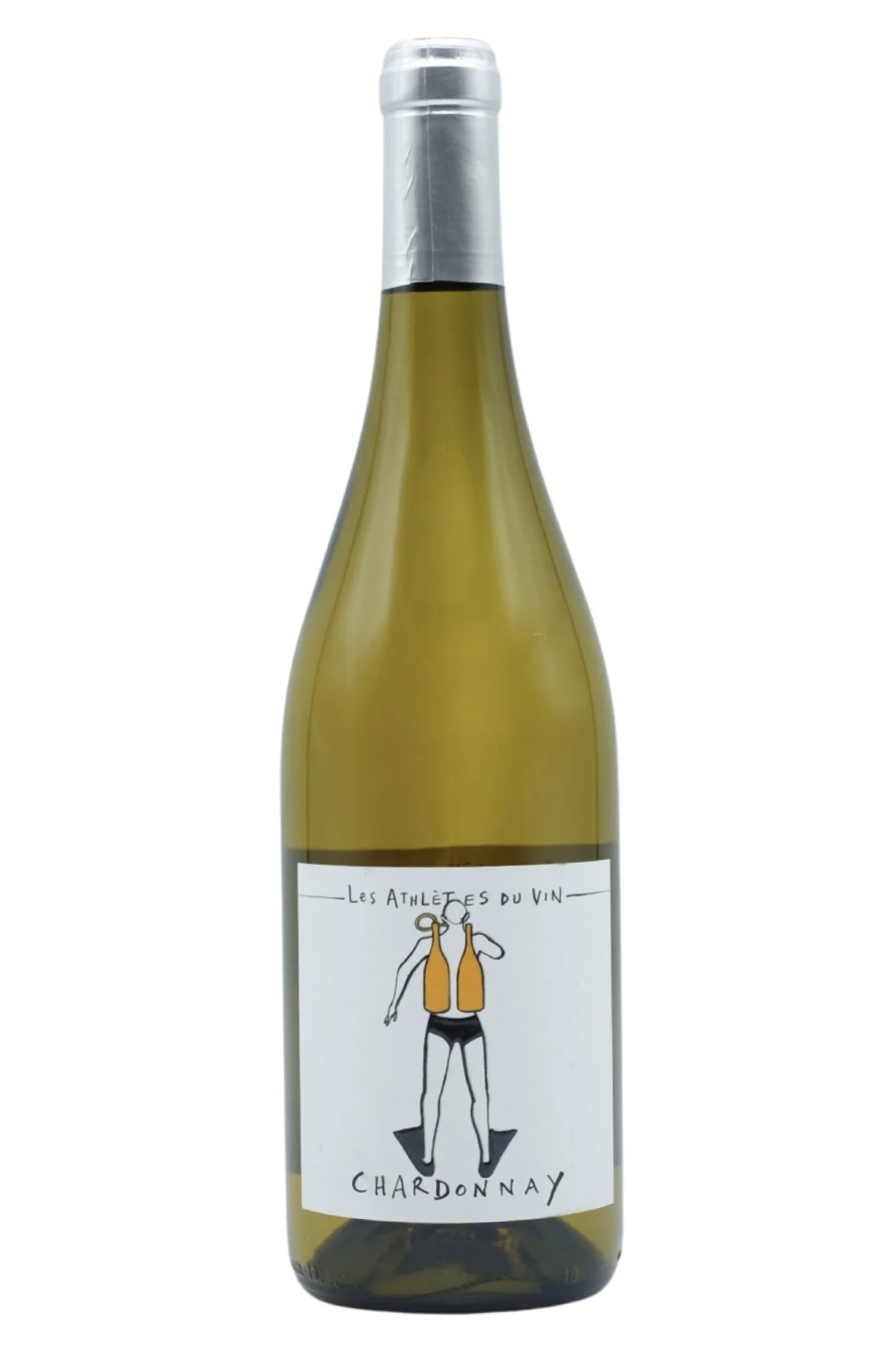 A bottle of Les Athlètes du Vin Chardonnay on a white background