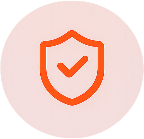 An orange shield icon with a checkmark inside on a light pink background.