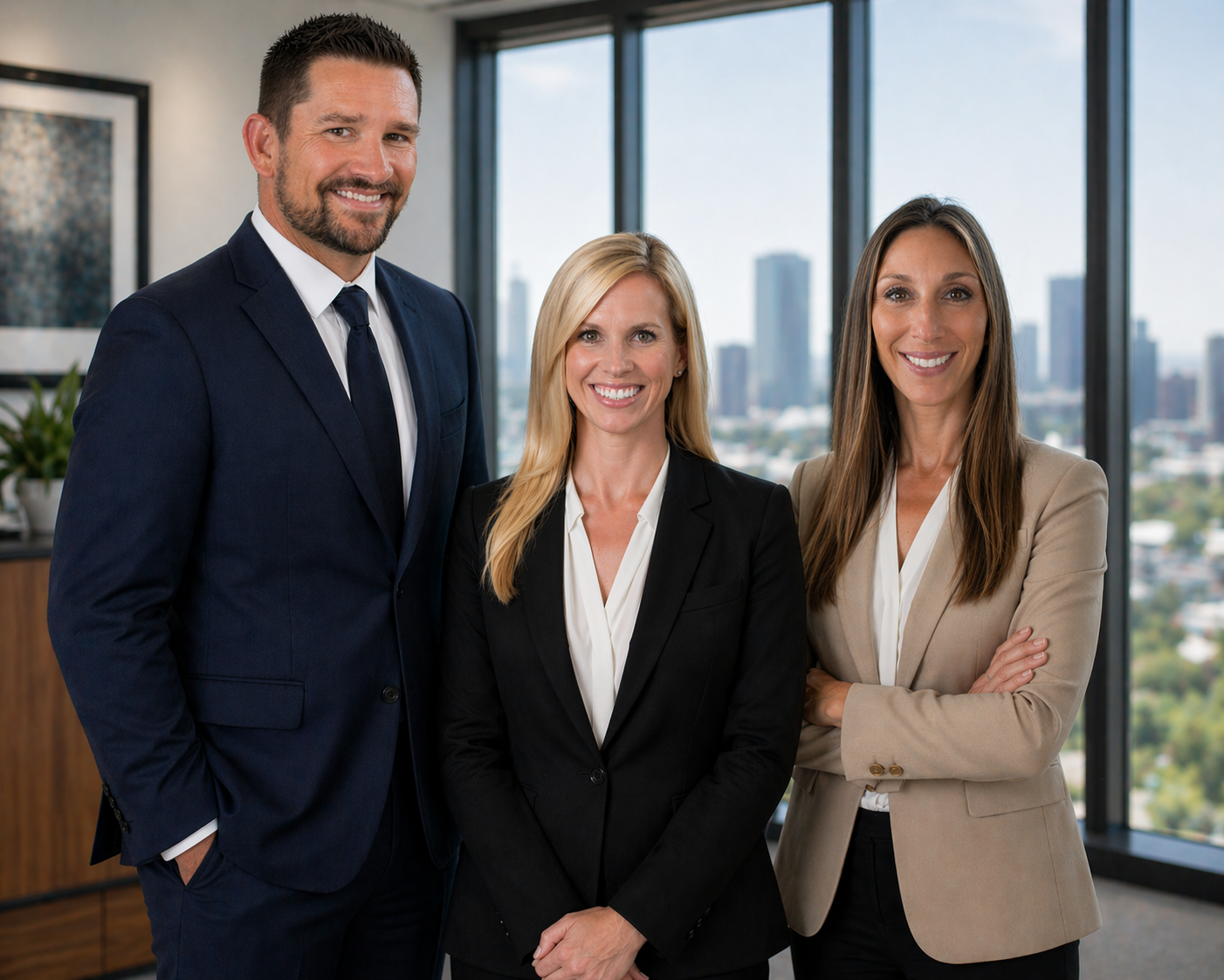Three professionally dressed individuals, two women and one man, standing in a corporate office with large windows and a cityscape view behind them.
