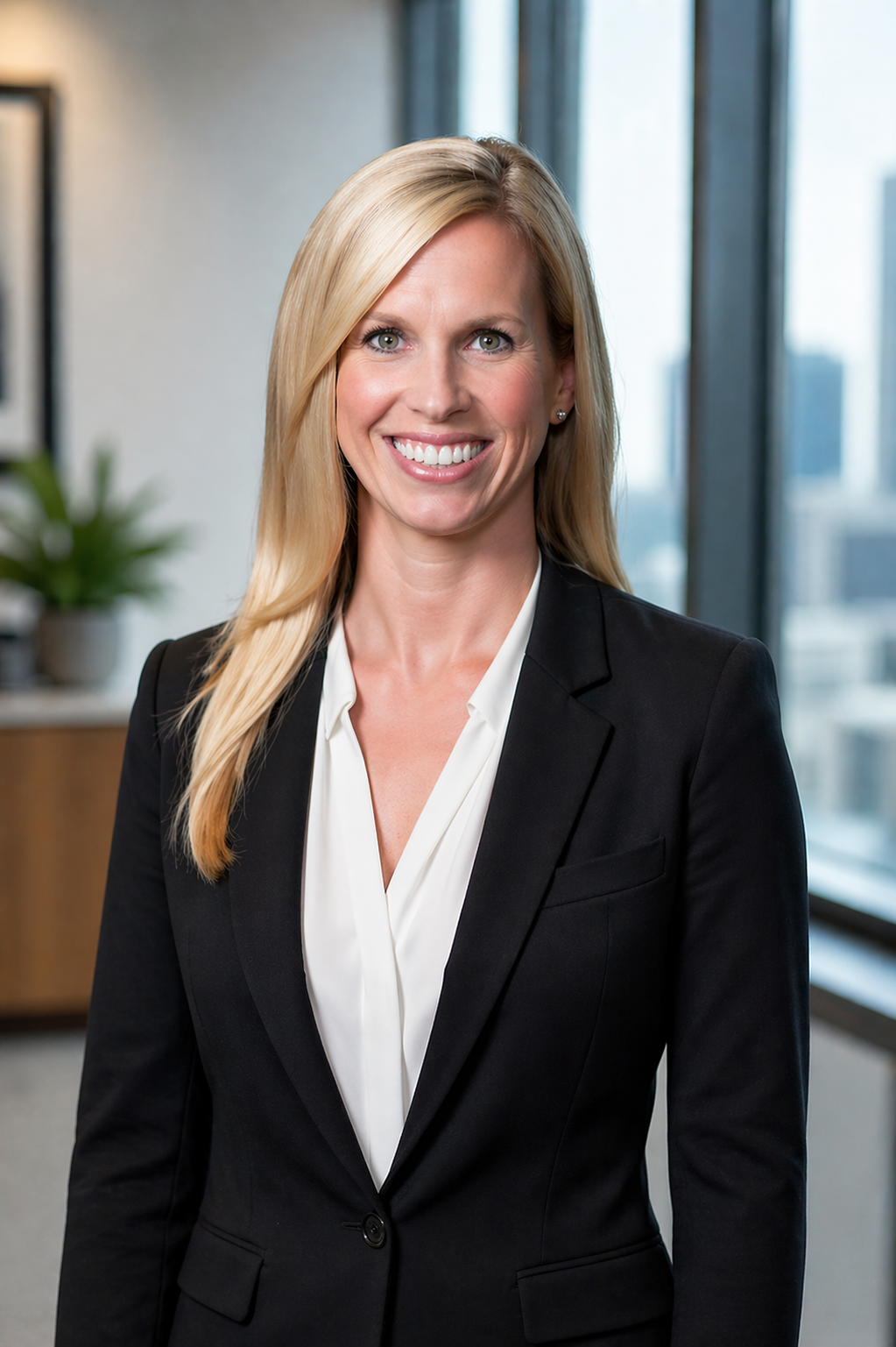 A professional woman with blonde hair wearing a black blazer and white blouse, smiling, in an office setting with large windows and city buildings in the background.