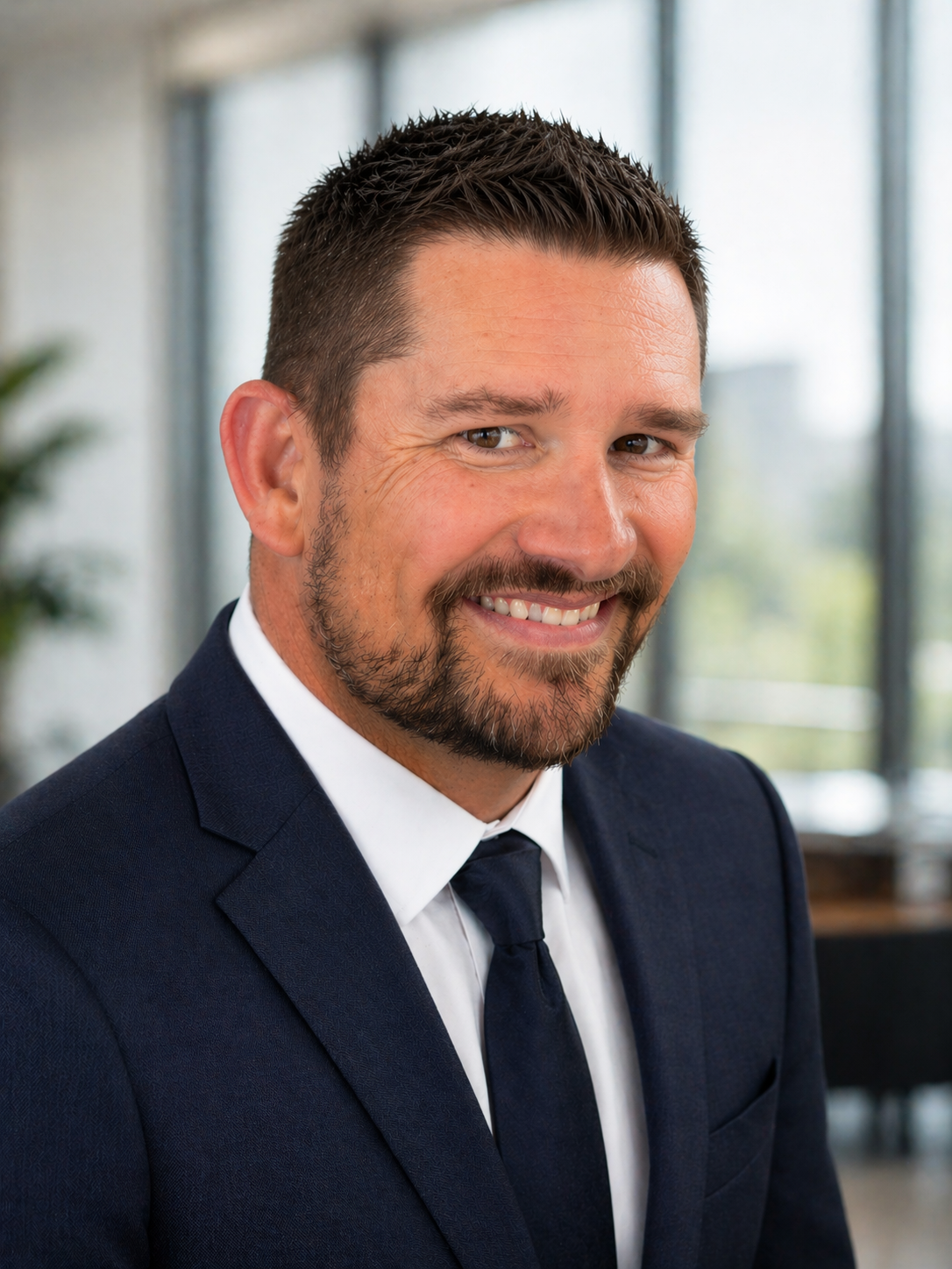 A smiling man in a business suit and tie in an office setting.