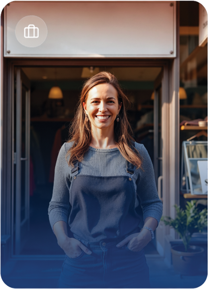 A woman with long light brown hair standing outdoors in front of an open door of a shop or café, smiling and wearing a gray long-sleeve shirt and dark apron.