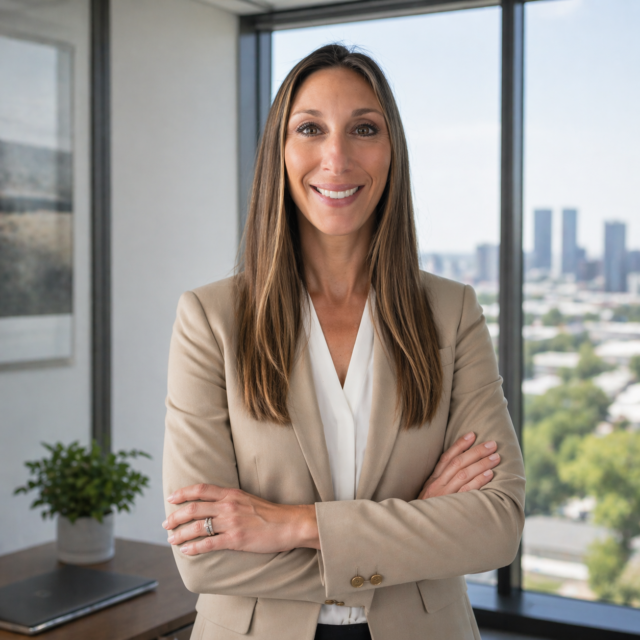 Businesswoman smiling with arms crossed in an office with large windows and city skyline view.