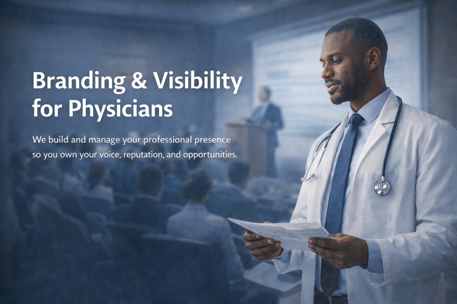 A male doctor in a white coat and stethoscope reading a document, with a blurred audience and speaker in the background, promoting branding and visibility services for physicians.