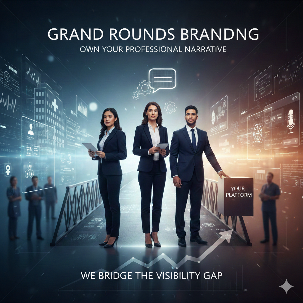 Three professionals standing on a high-tech bridge with digital interfaces around them, advertising branding services with the text "Grand Rounds Branding," "Own Your Professional Narrative," and "We Bridge the Visibility Gap."