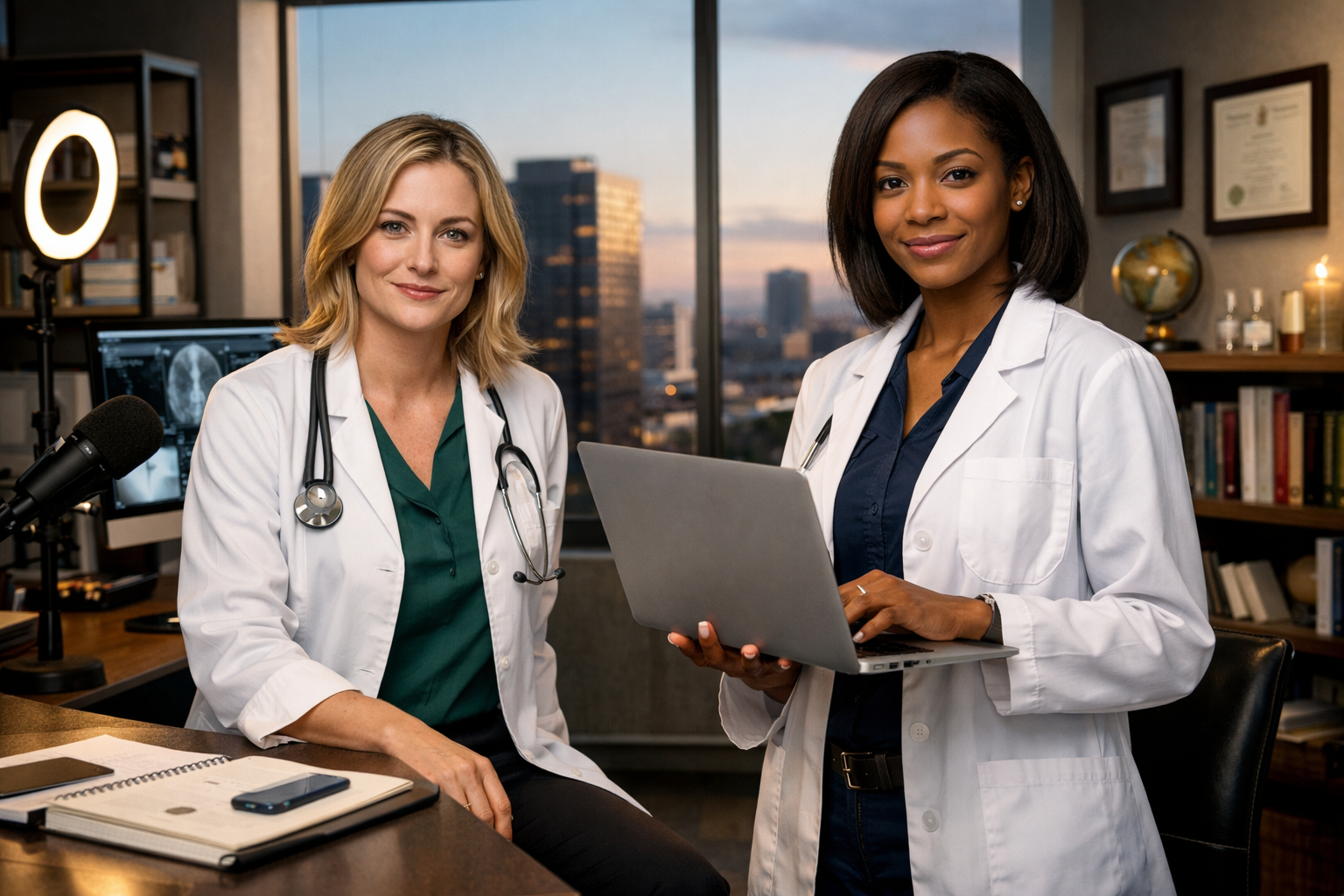 Two female doctors in white coats working in a medical office with a cityscape view through large windows in the background