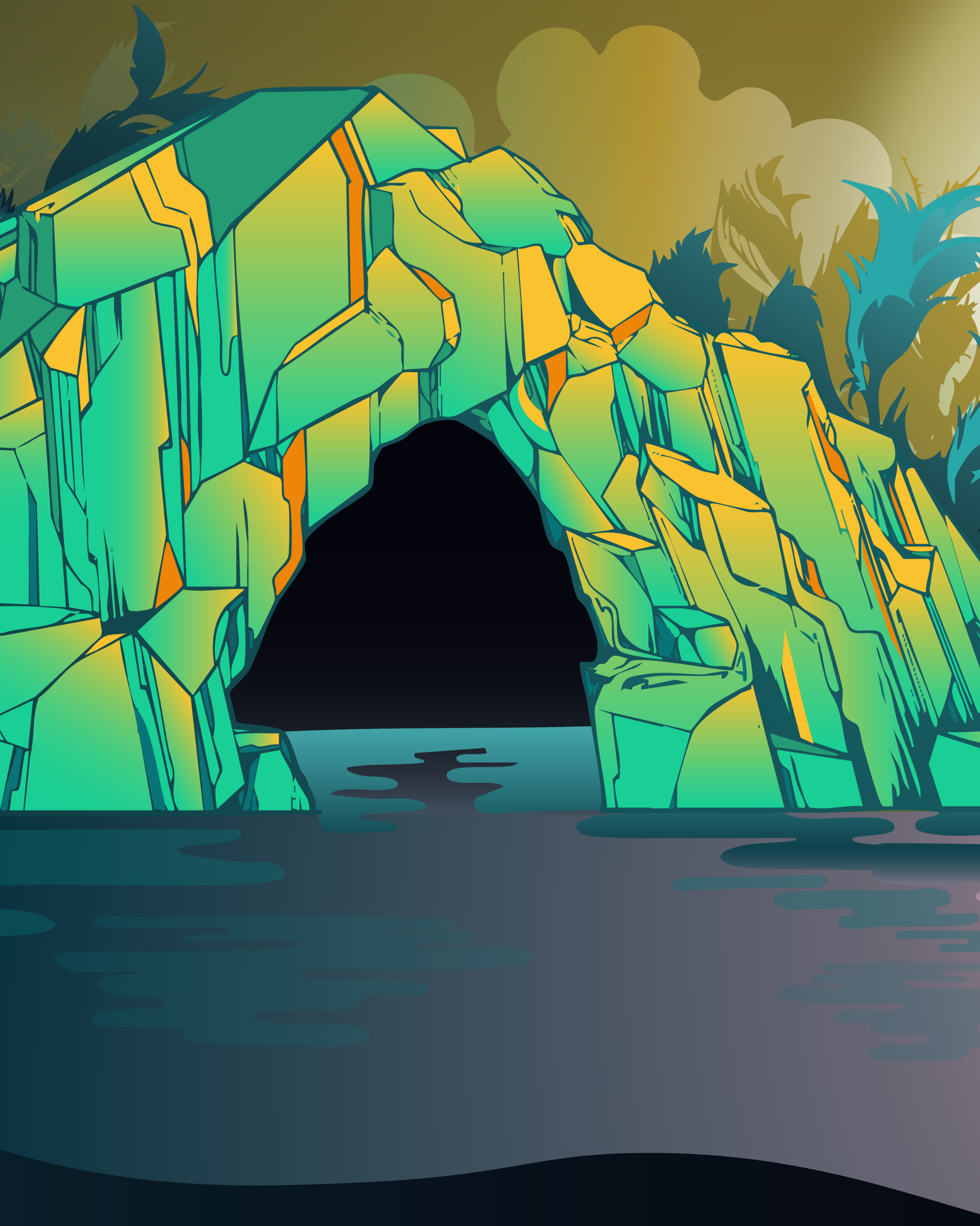A colorful digital illustration of a cave opening in a rocky cliff, with water in the foreground and trees in the background.