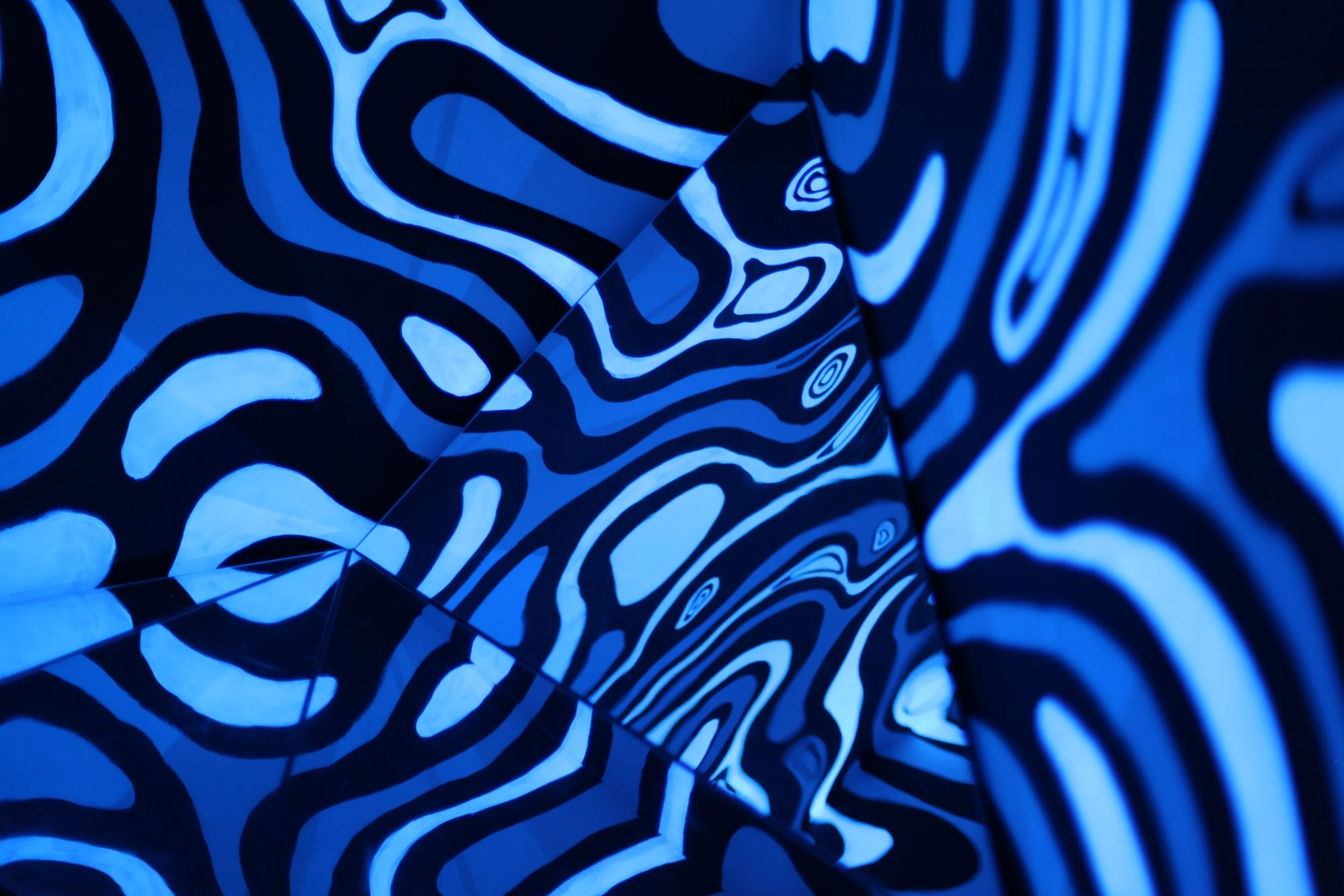 Blue and black zebra-striped patterned walls and ceiling with LED lighting creating an optical illusion effect.