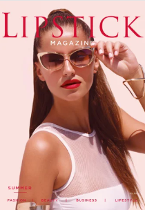 Woman with long brown hair and red lipstick wearing sunglasses and a white sleeveless top posing against a pink background, with "Lipstick Magazine" text in red at the top.