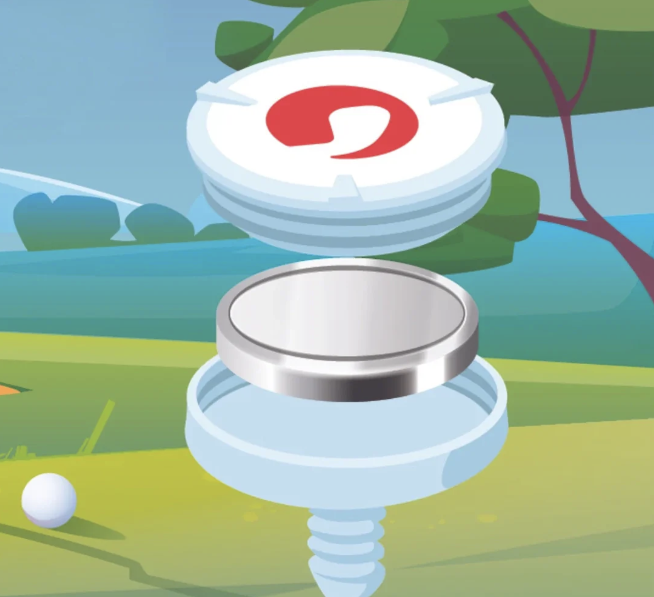 Illustration d'un boîtier de golf avec un couvercle, une balle de golf à côté, et un fond de nature avec des arbres et un lac.
