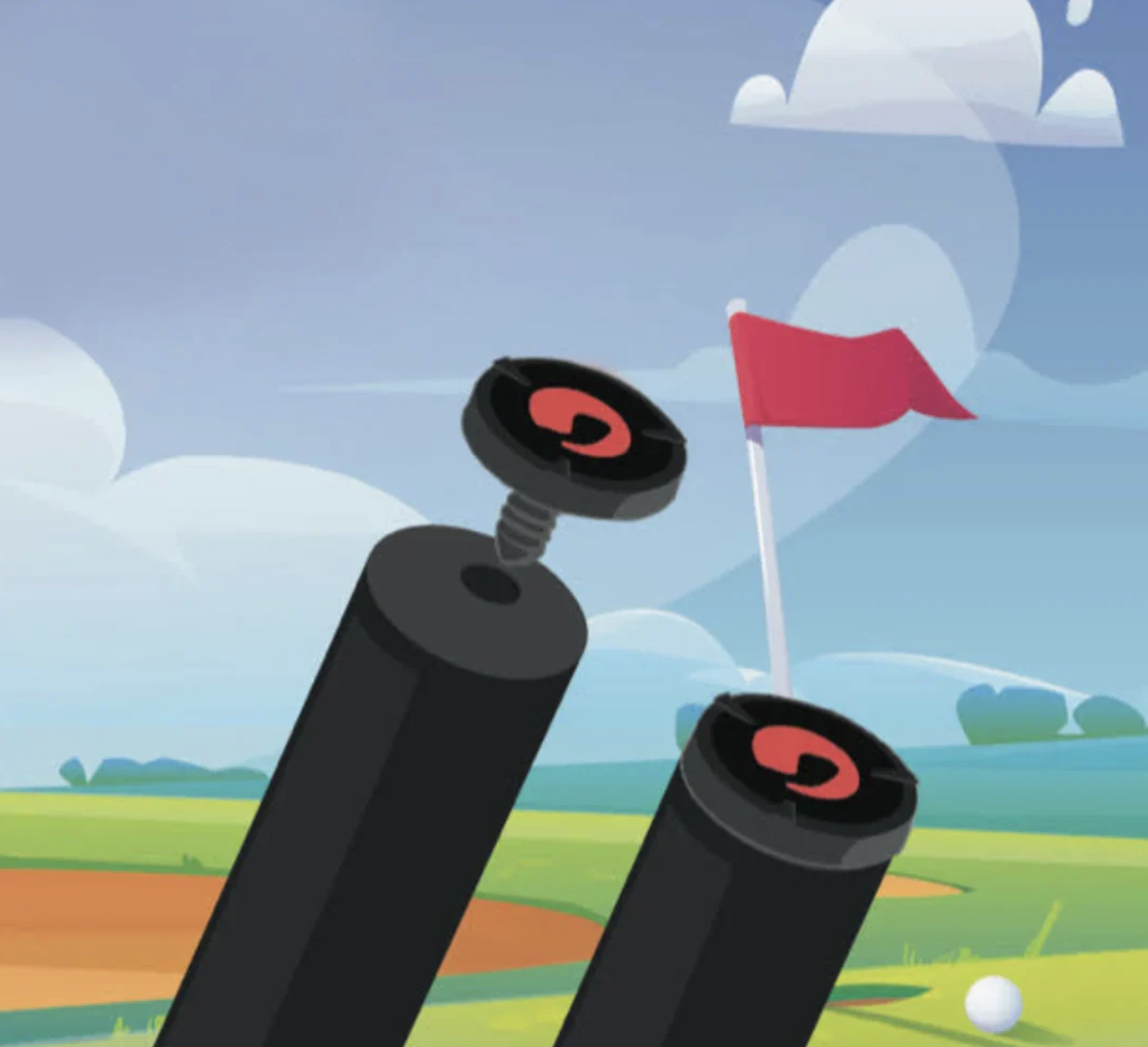 Deux bombes agricoles avec des pancartes de départ sur un terrain de golf, avec un ciel bleu et des nuages.