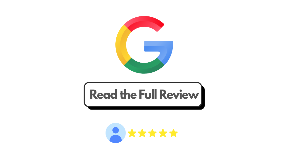 Google logo with a button labeled "Read the Full Review" and a five-star rating icon.