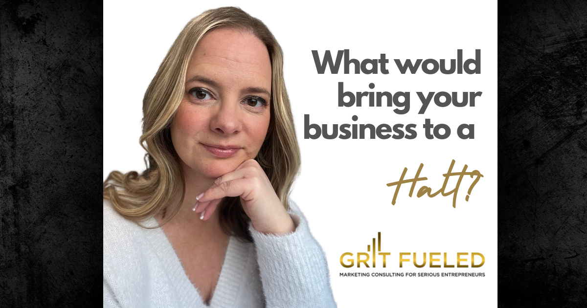 Woman smiling at the camera, resting her head on her hand. Headline reads, what would bring your business to a halt?