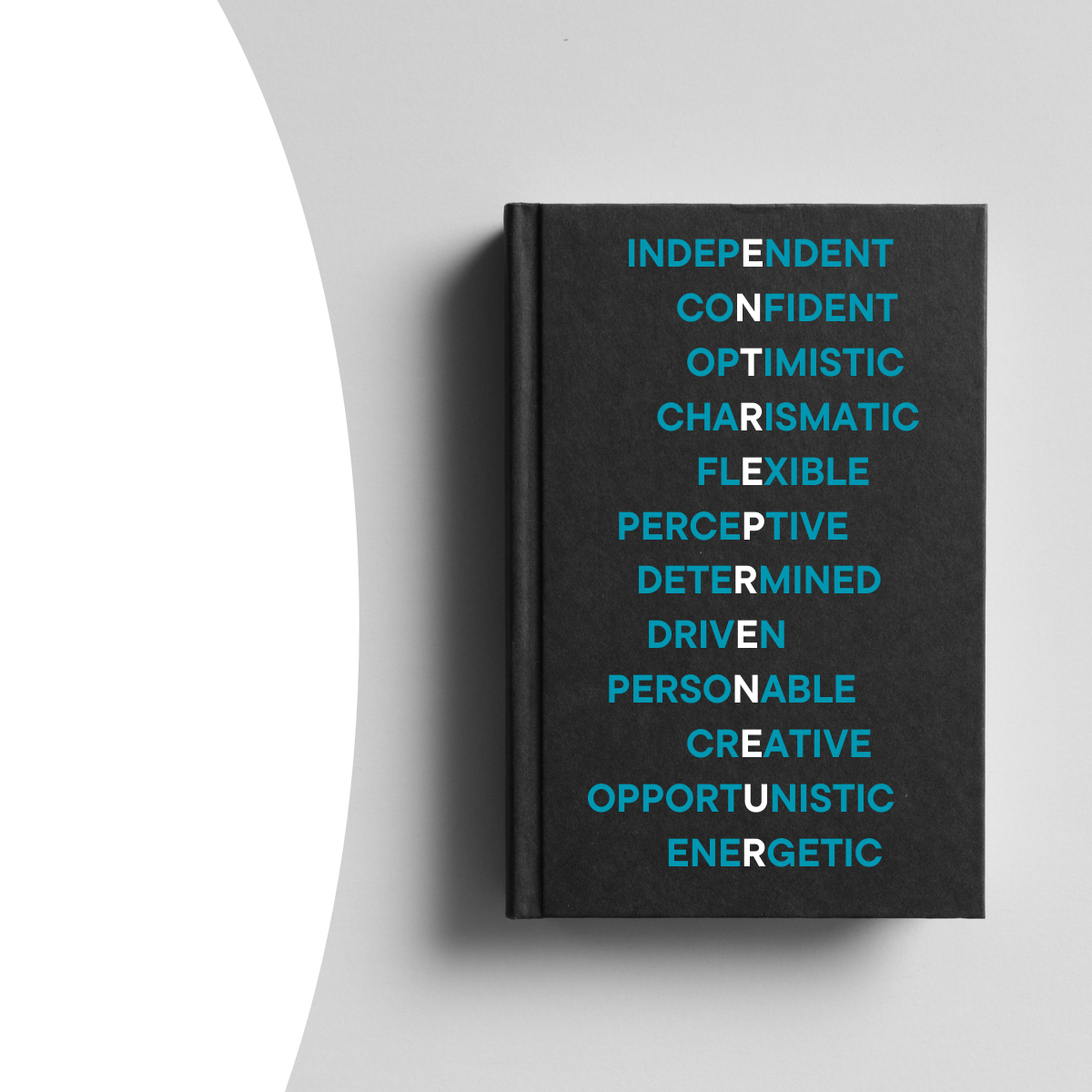 Entrepreneur spelled out in stacked words: independent, confident, optimistic, charismatic, flexible, perceptive, determined, driven, personable, creative, opportunistic, energetic.