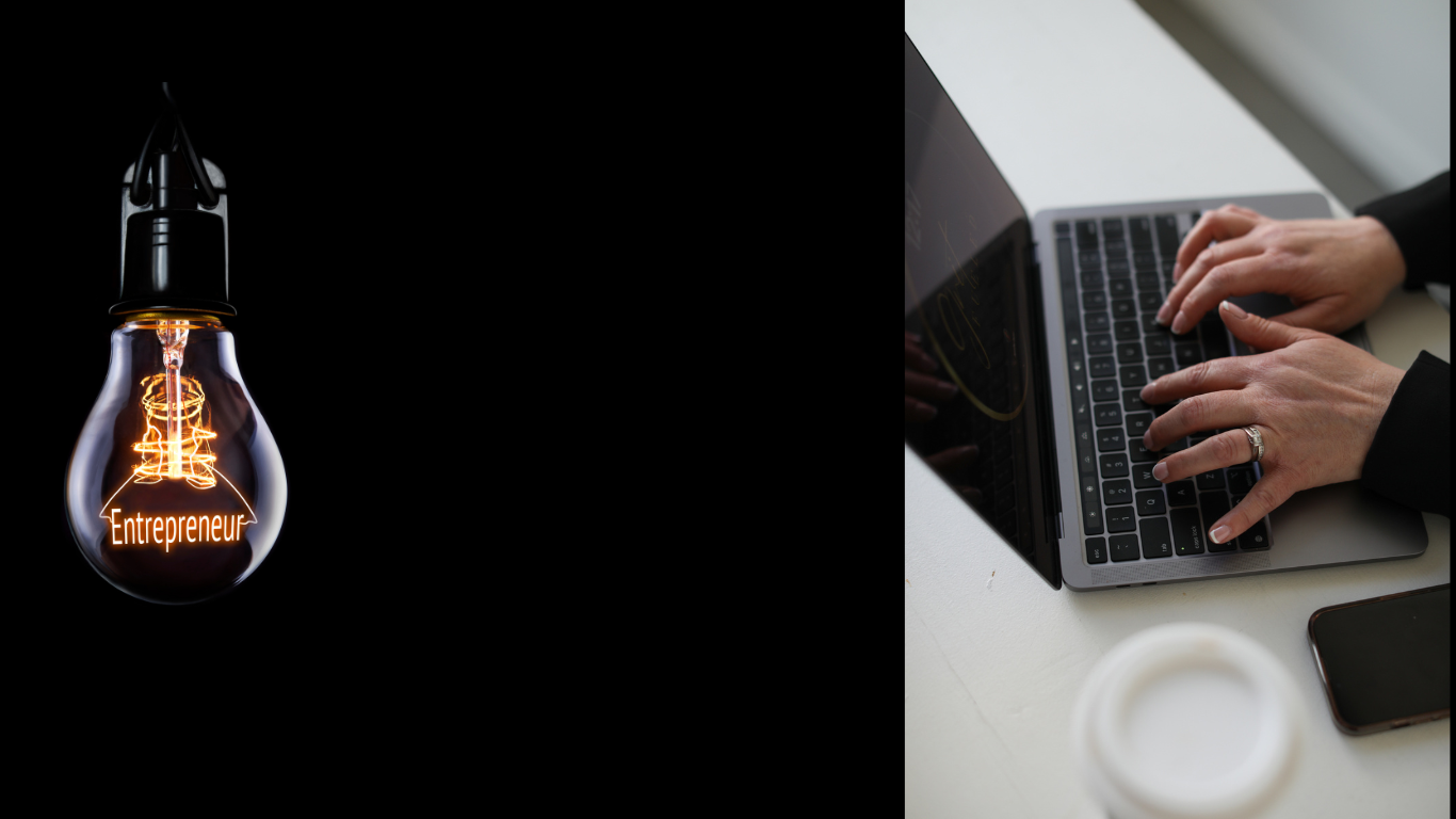 Text in the middle, about the grit of entrepreneurs, framed by Entrepreneur written on a light bulb on the left and a laptop with a woman typing on the right.