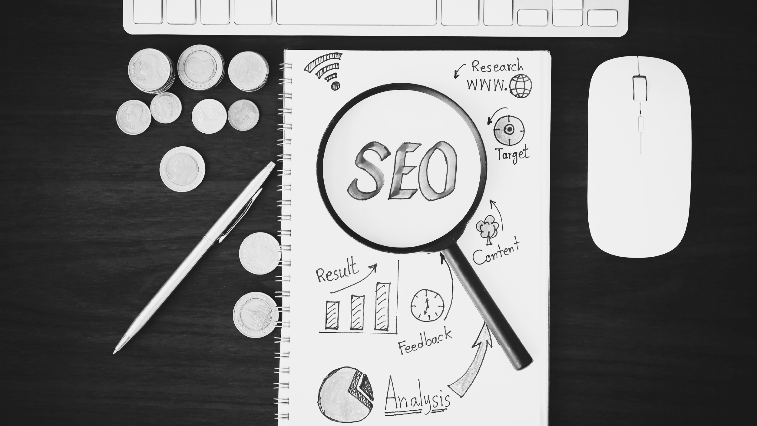 SEO under magnifying glass on a desk, research, target, content, feedback, results, and analysis written.