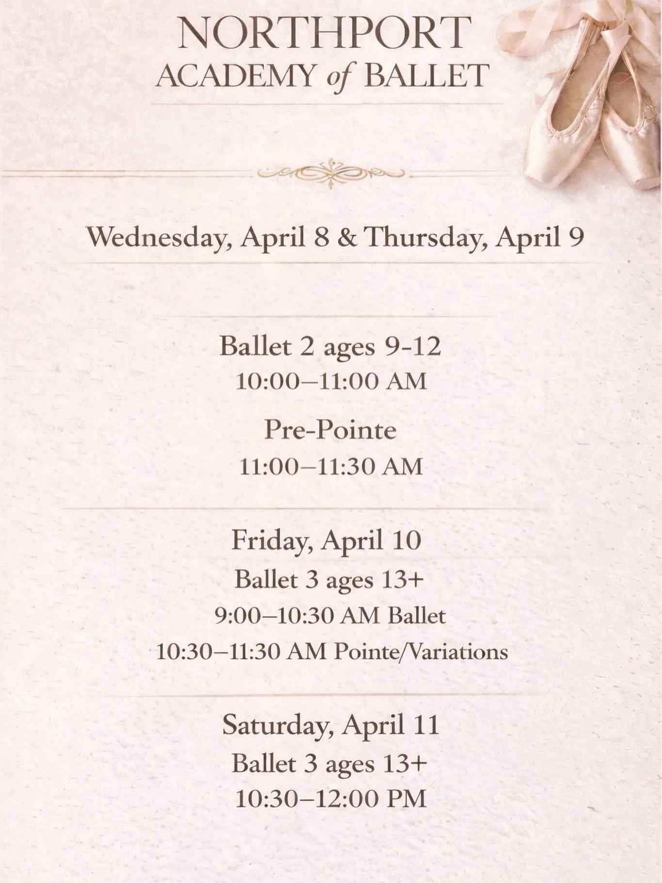 Join us for our Spring break open classes!
#northportacademyofballet#NAB#northportvillageny