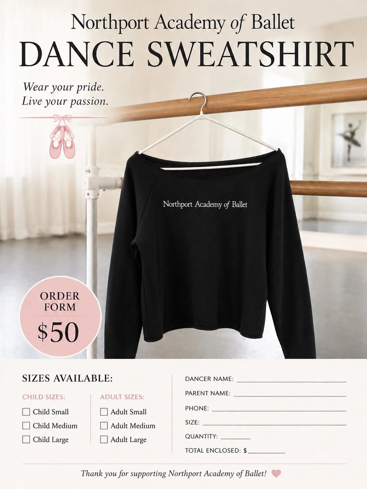 How cute are these off the shoulder sweatshirts! 💕🩰

Order forms are at the studio and on our website Northportacademyofballet.com

#cutemerch #northportacademyofballet #nab #abeautifulbeginning #northportvillageny