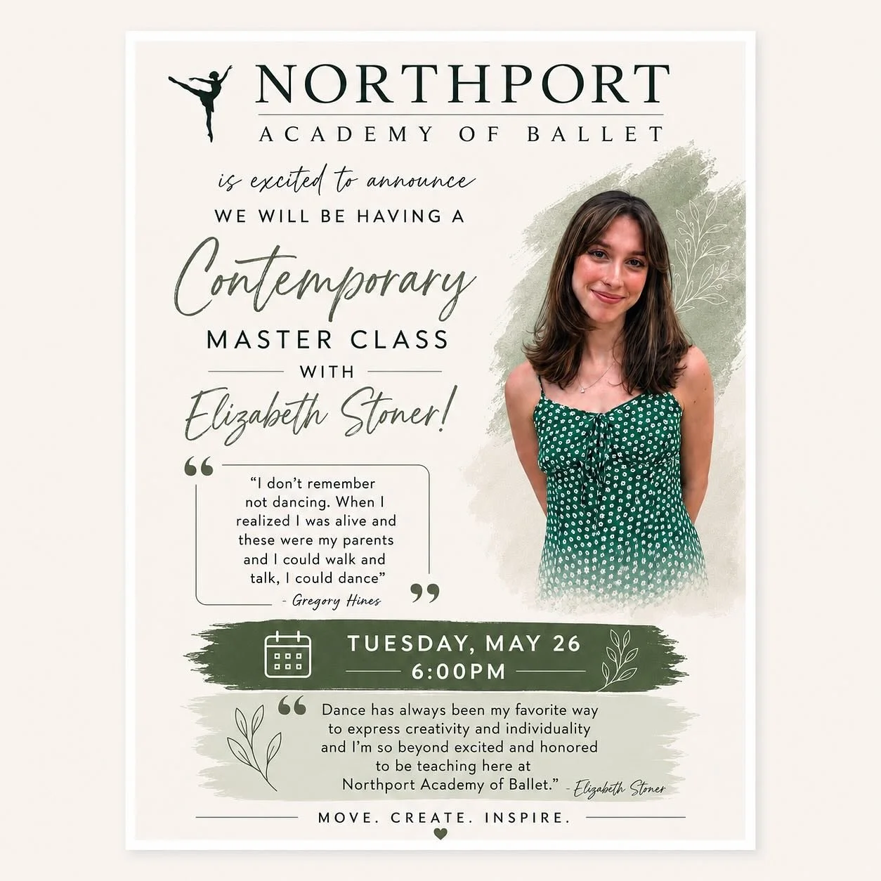 Contemporary dance class encourages students to explore movement through freedom, creativity, and self-expression. It helps dancers develop strength, flexibility, coordination, musicality, and emotional connection to movement. Contemporary training a