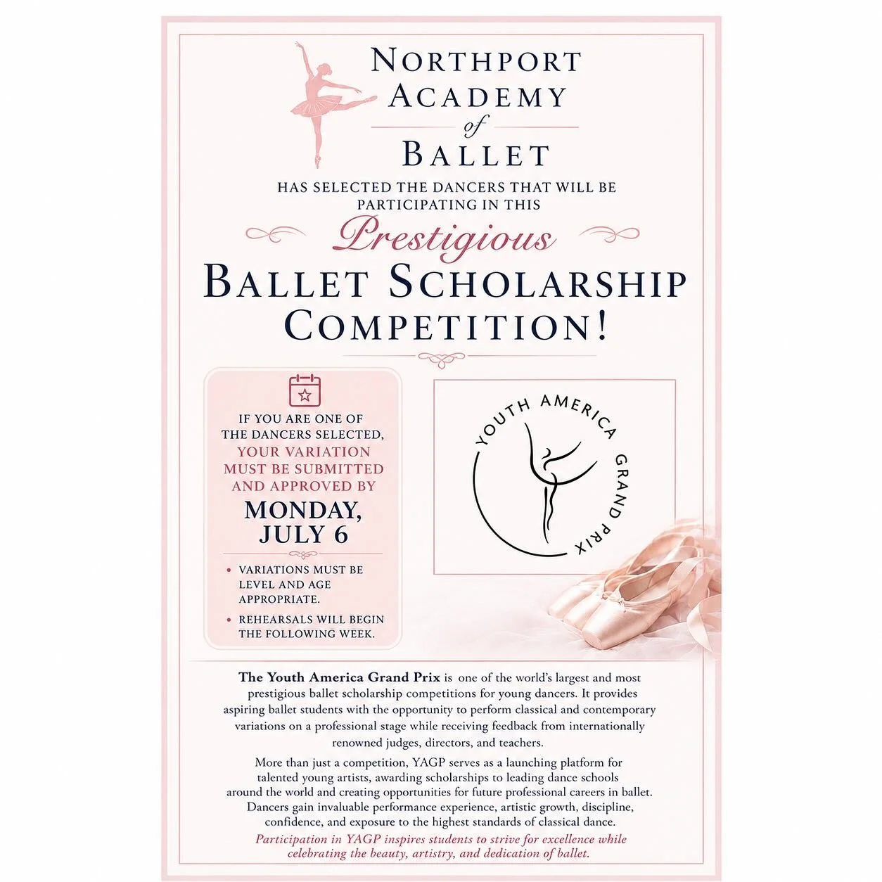 Congratulations to the dancers selected to participate in this prestigious event! Your dedication, discipline, and countless hours of hard work have led you to this exciting opportunity. Being chosen to represent Northport Academy of Ballet at the Yo