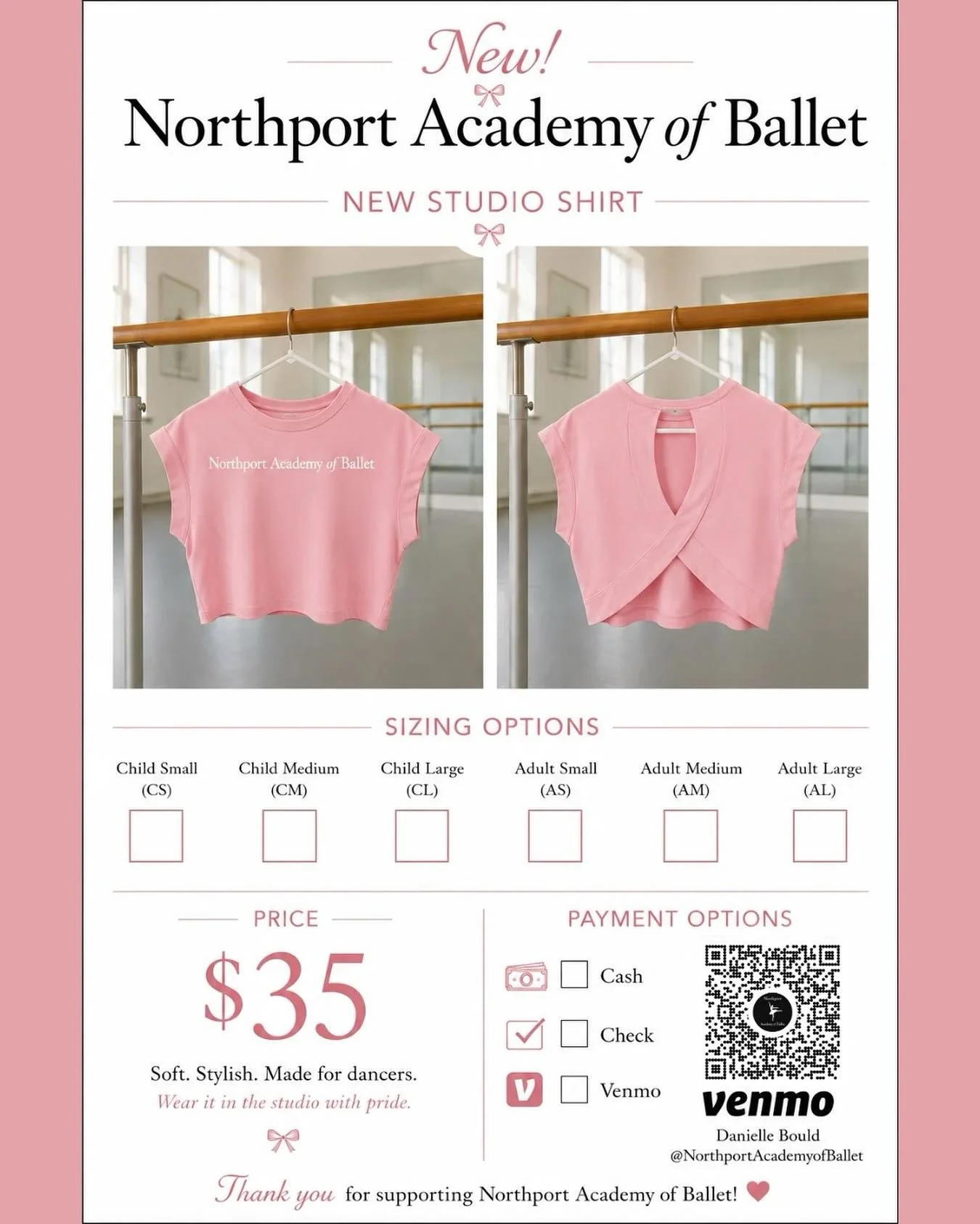 💕CUTE MERCH ALERT💕

Place your order for our adorable crop top!!!

#weloveshopping #thankyouforsupportingus #northportacademyofballet #nab #abeautifulbeginning #northportvillageny