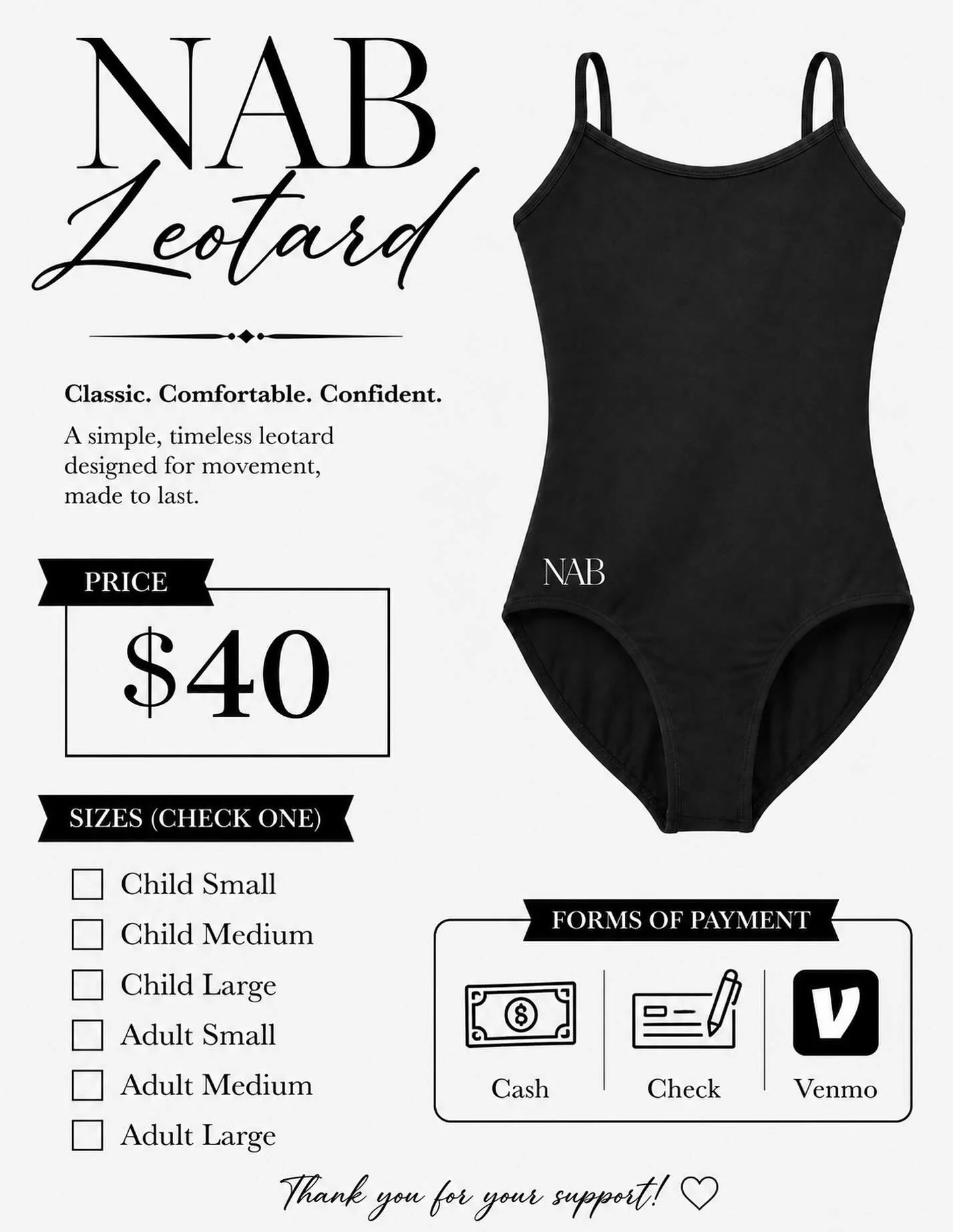 Northport Academy of Ballet Studio Leotard

Our official NAB studio leotard is designed to create a polished, professional appearance while promoting a sense of belonging within our ballet family. This classic black leotard offers a timeless look tha
